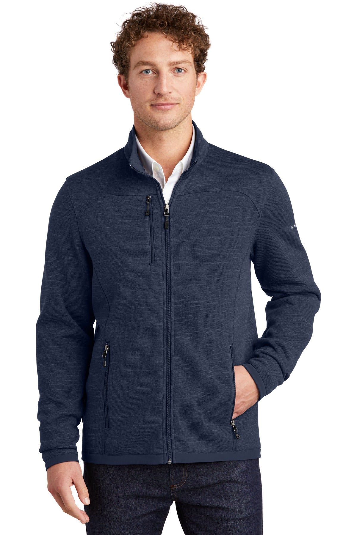 Custom River Blue Navy Heather Sweater Fleece Full-Zip EB250, personalized by SanCanDo Swag in Argyle, TX