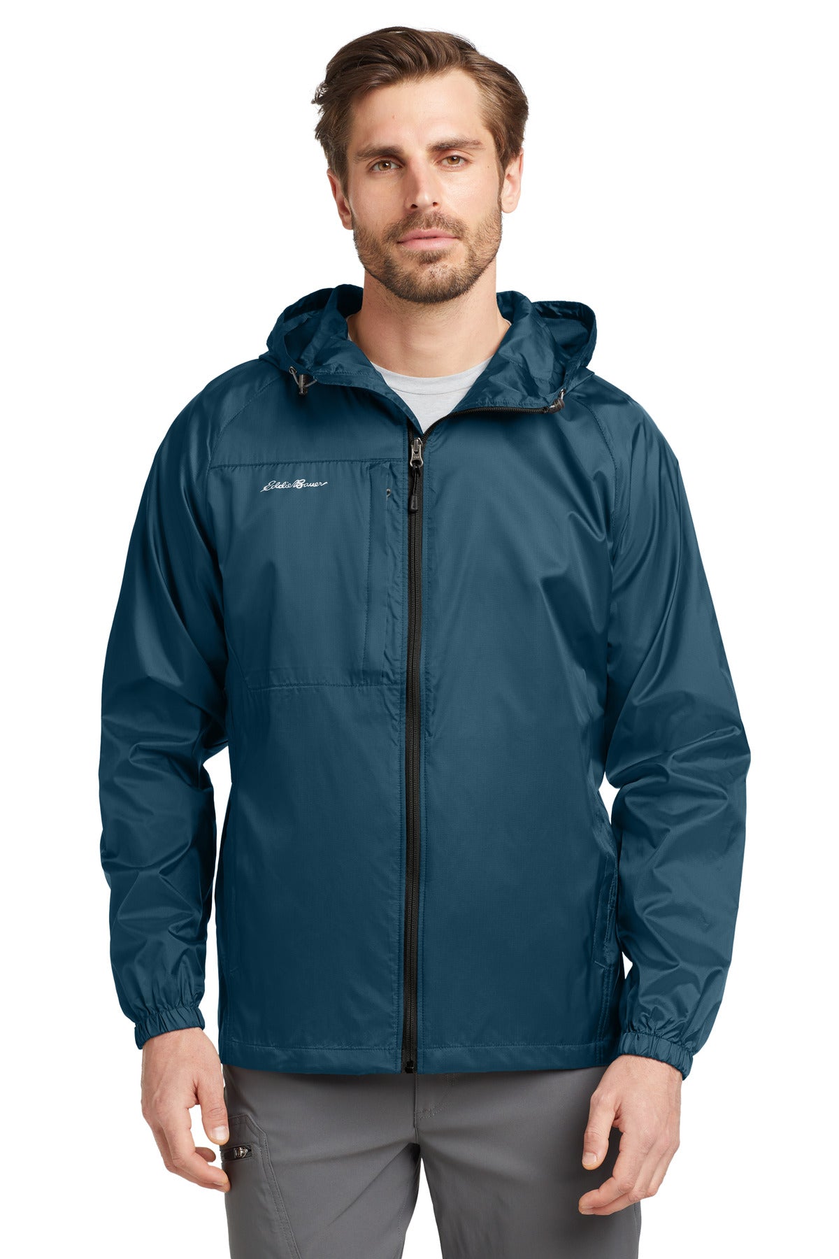 Custom Adriatic Blue Packable Wind Jacket EB500, personalized by SanCanDo Swag in Argyle, TX