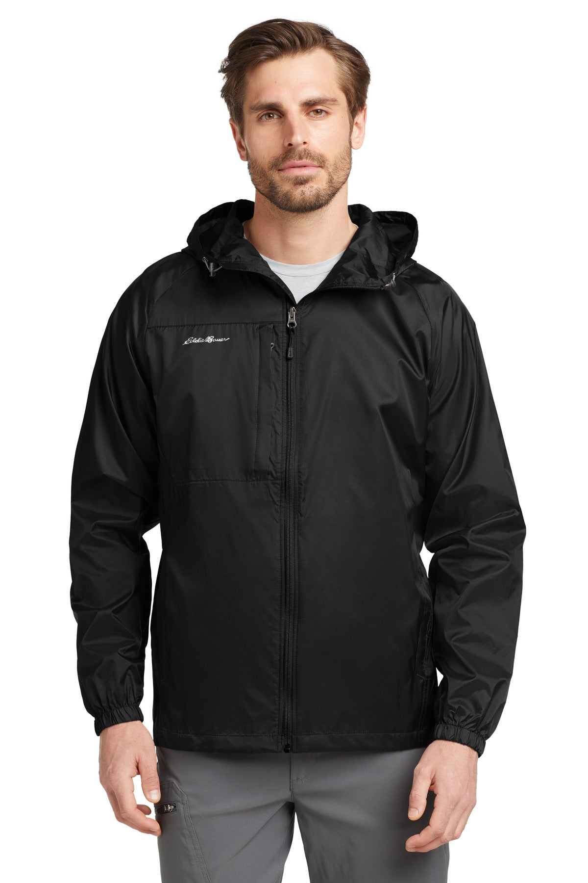 Custom Black Packable Wind Jacket EB500, personalized by SanCanDo Swag in Argyle, TX