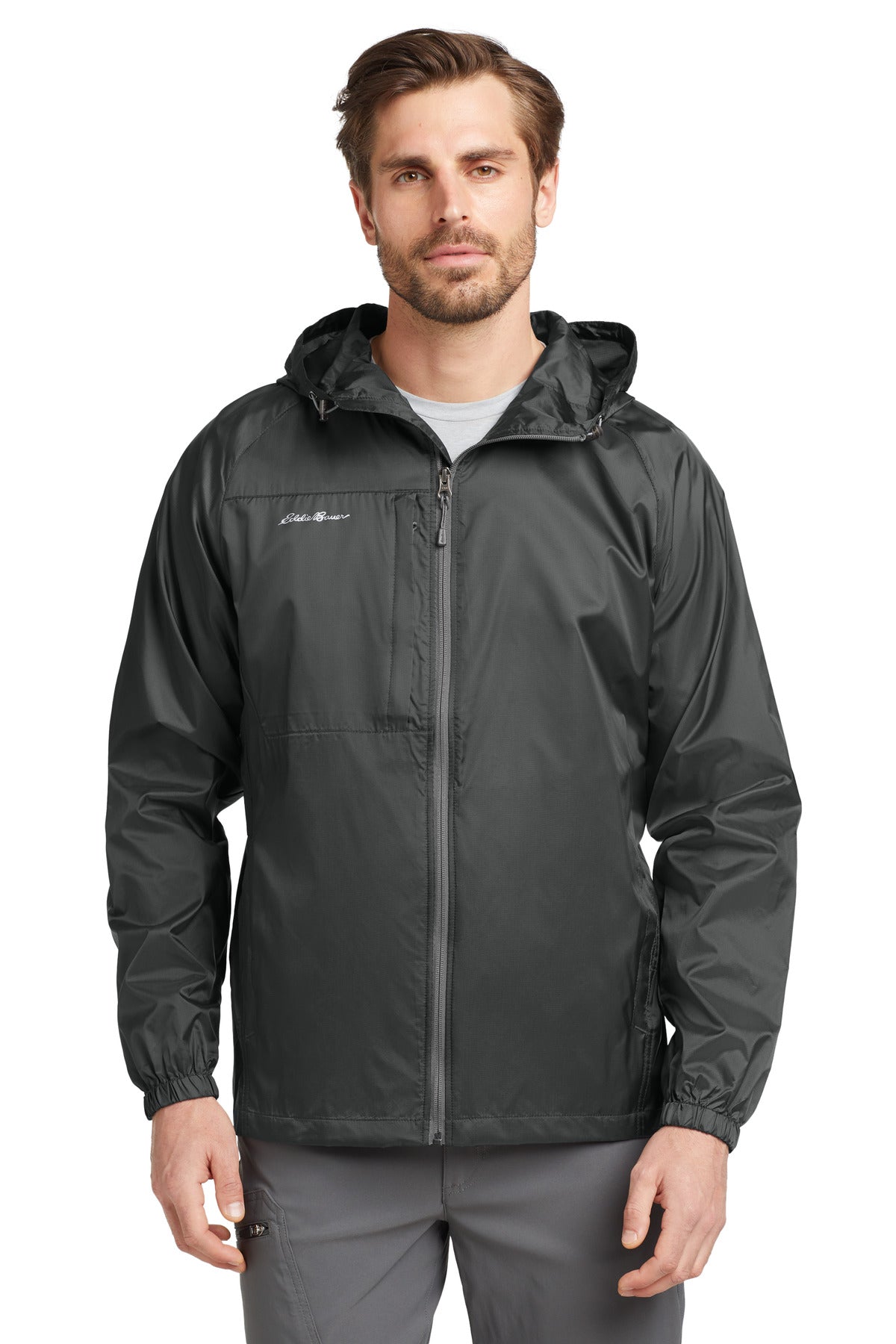 Custom Grey Steel Packable Wind Jacket EB500, personalized by SanCanDo Swag in Argyle, TX
