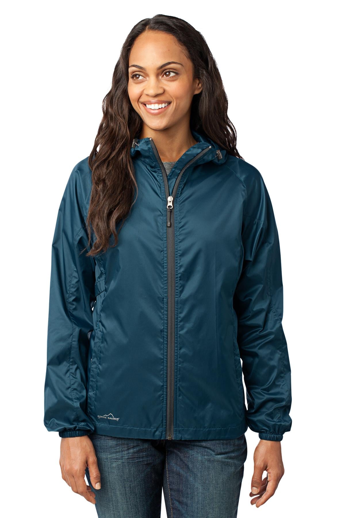 Custom Adriatic Blue Women's Packable Wind Jacket EB501, personalized by SanCanDo Swag in Argyle, TX