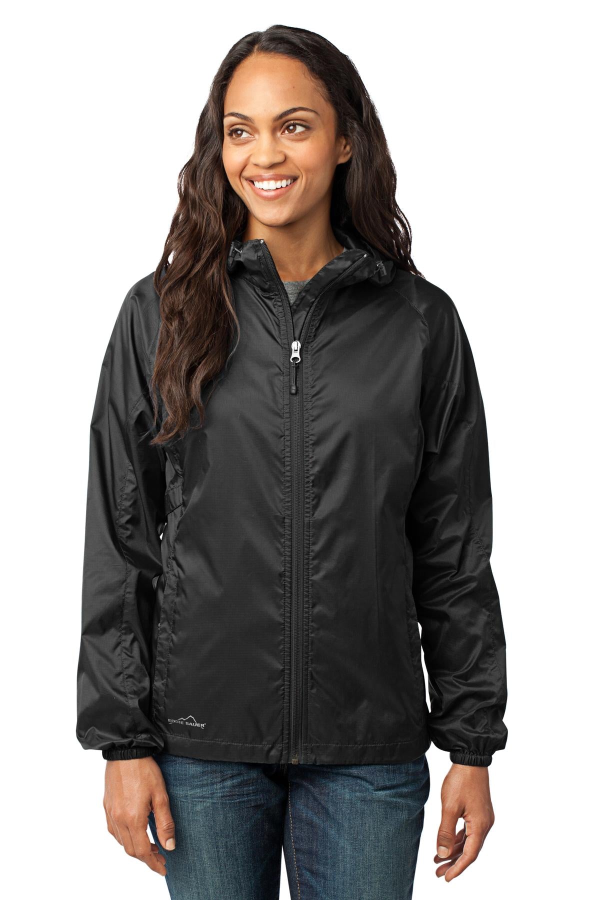 Custom Black Women's Packable Wind Jacket EB501, personalized by SanCanDo Swag in Argyle, TX