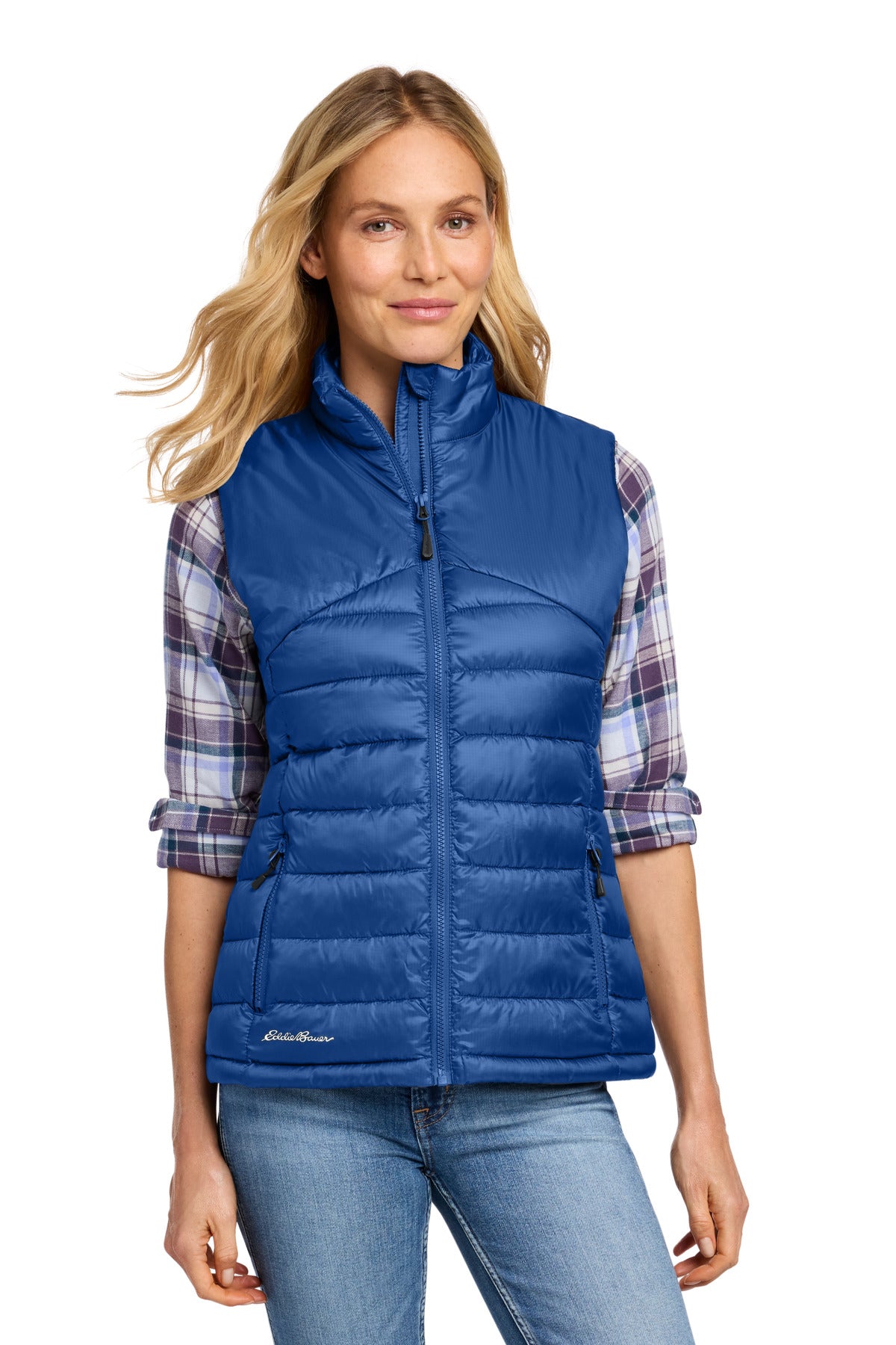 Custom Cobalt Blue Women's Quilted Vest EB513, personalized by SanCanDo Swag in Argyle, TX