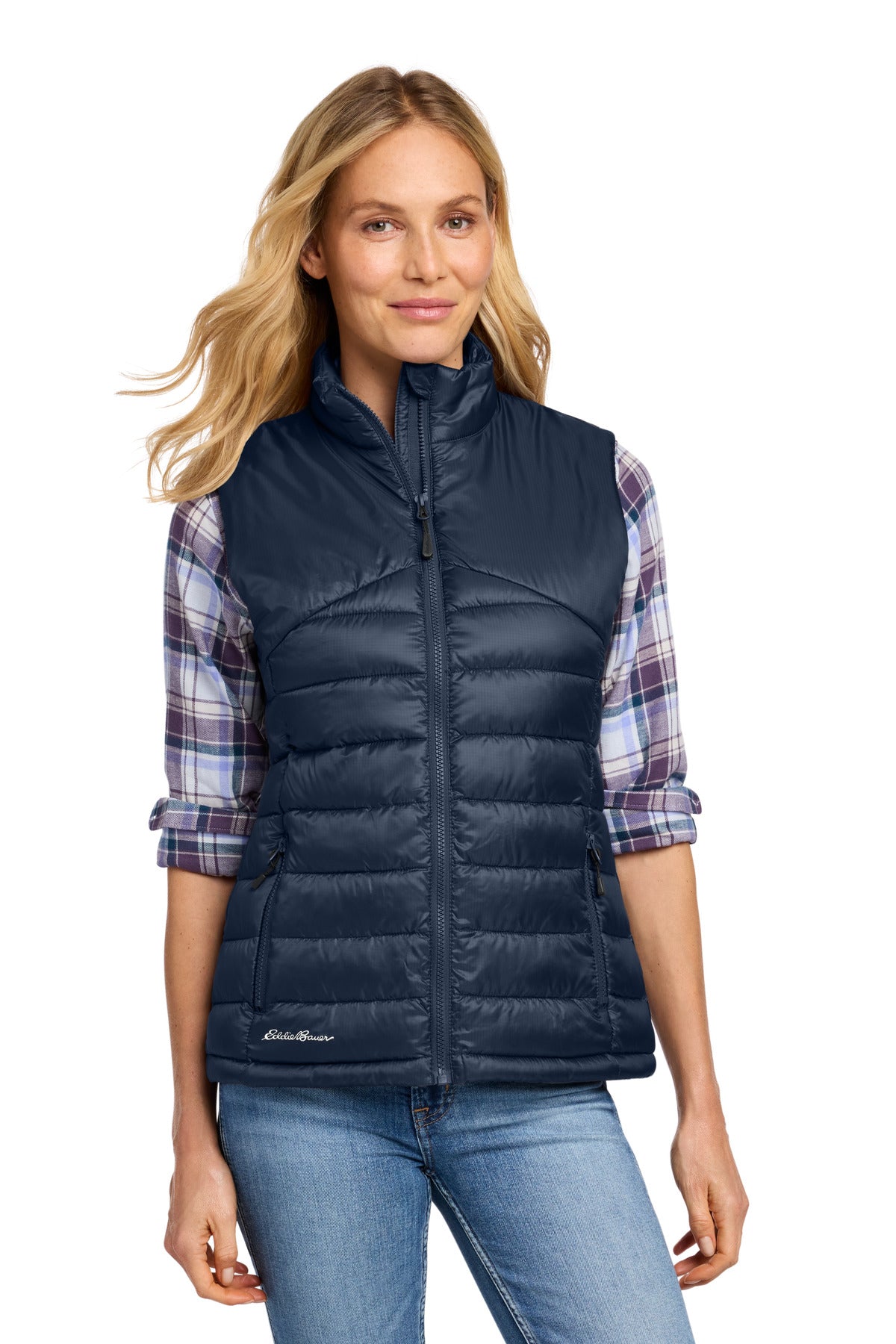 Custom River Blue Navy Women's Quilted Vest EB513, personalized by SanCanDo Swag in Argyle, TX