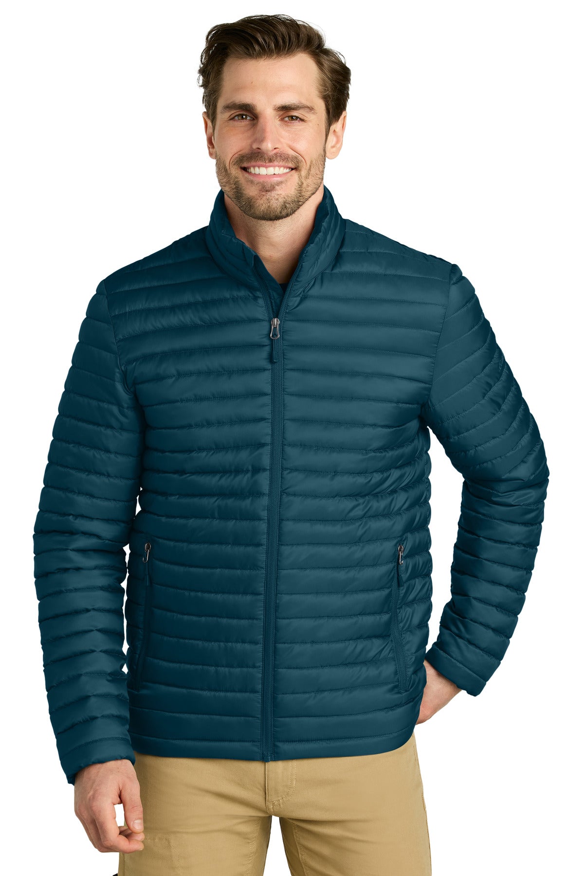Custom Adriatic Blue Packable Quilted Full-Zip EB514, personalized by SanCanDo Swag in Argyle, TX
