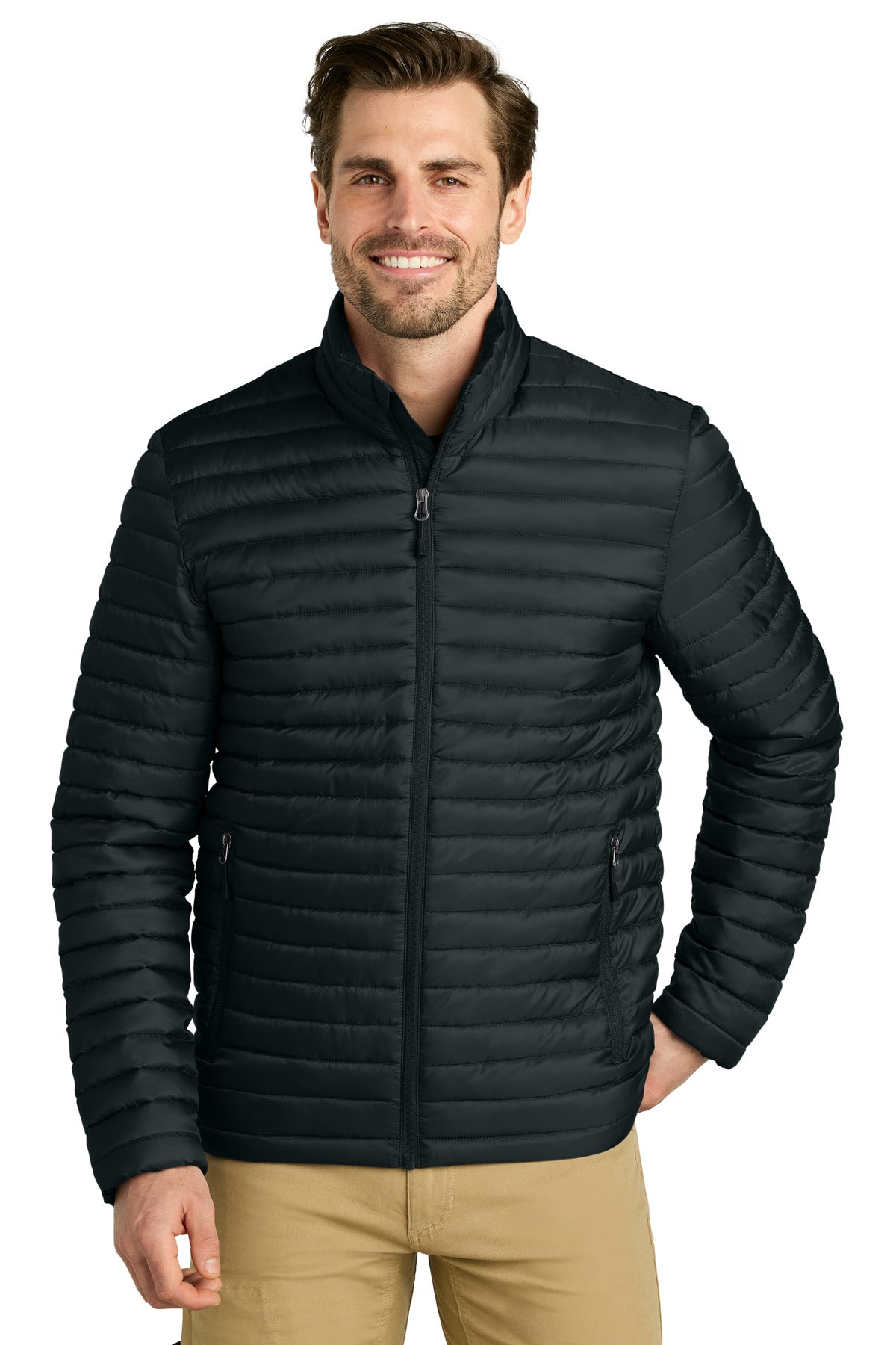Custom Black Packable Quilted Full-Zip EB514, personalized by SanCanDo Swag in Argyle, TX