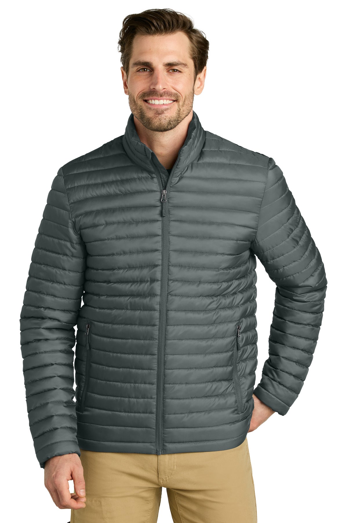 Custom Metal Grey Packable Quilted Full-Zip EB514, personalized by SanCanDo Swag in Argyle, TX