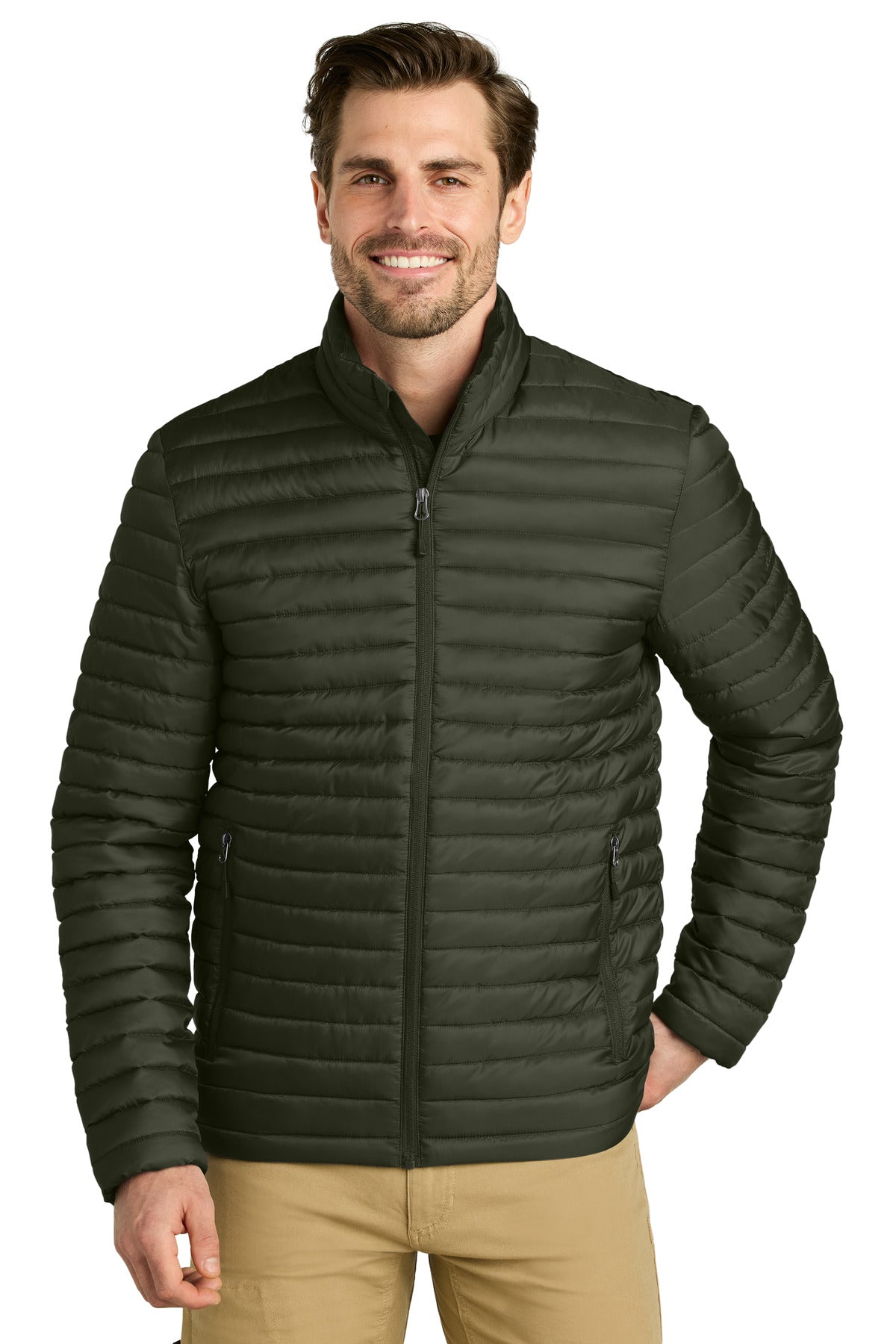 Custom Olive Green Packable Quilted Full-Zip EB514, personalized by SanCanDo Swag in Argyle, TX