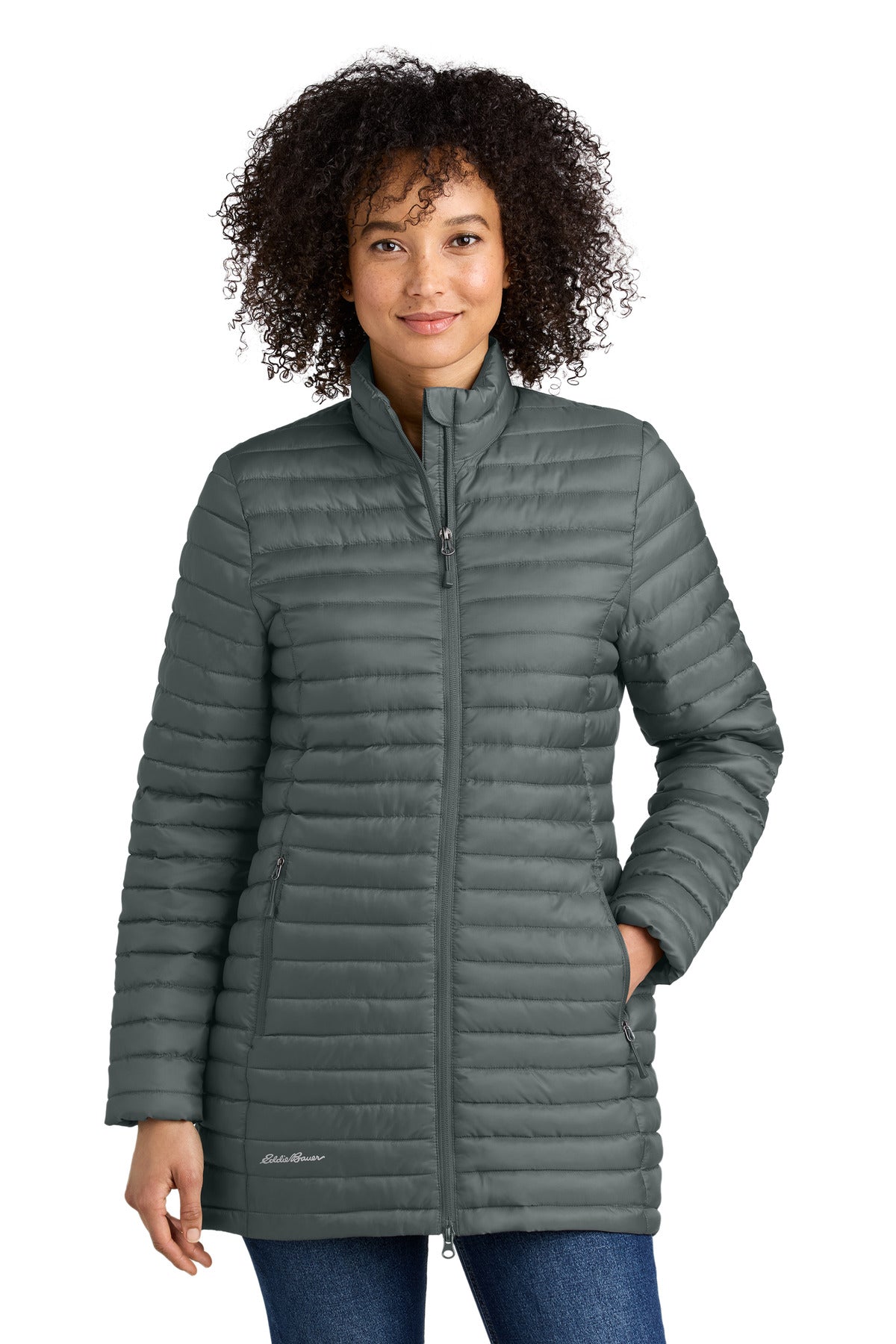 Custom Metal Grey Women's Packable Quilted Full-Zip EB515, personalized by SanCanDo Swag in Argyle, TX