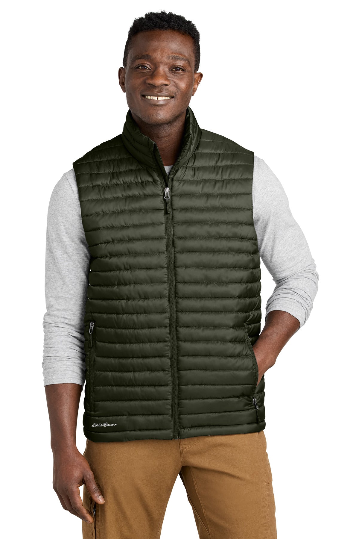 Custom Olive Green Packable Quilted Vest EB516, personalized by SanCanDo Swag in Argyle, TX