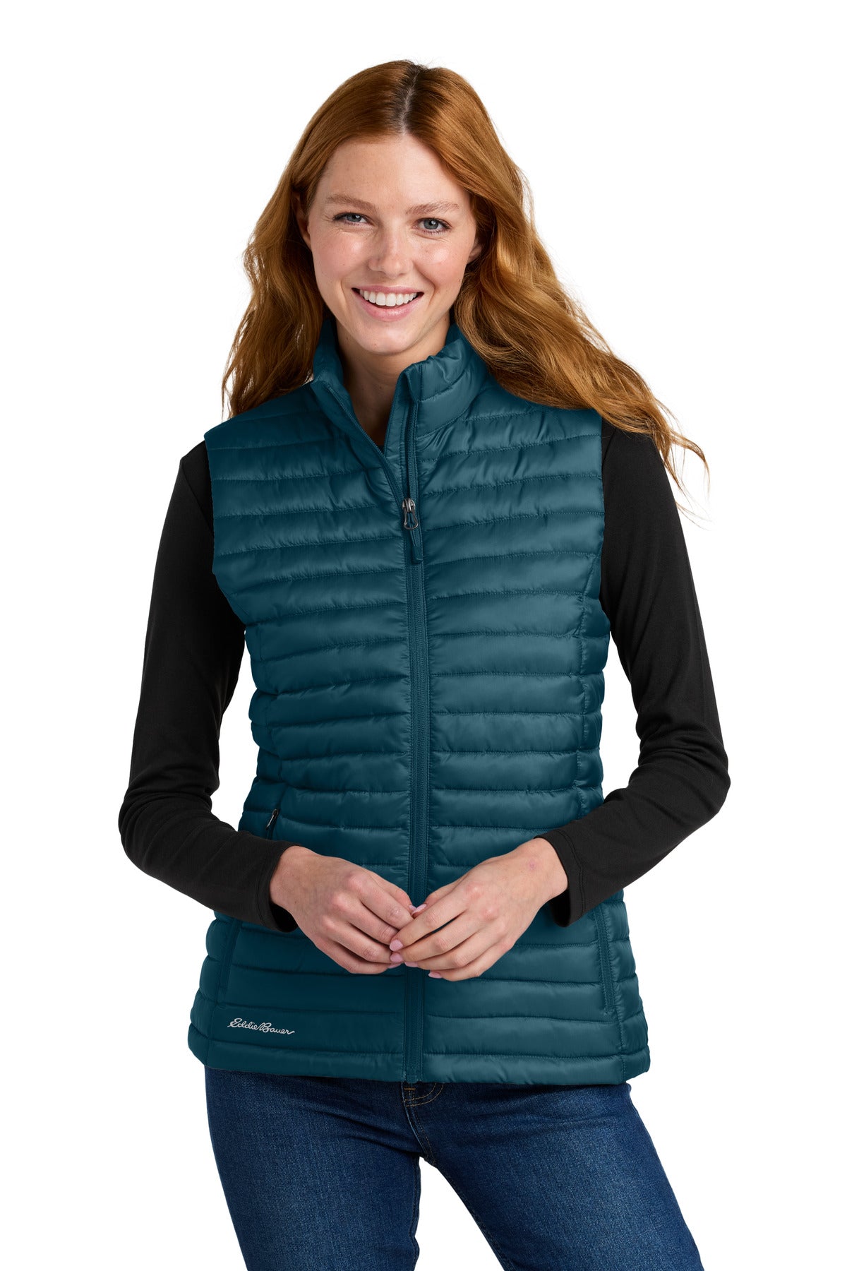 Custom Adriatic Blue Women's Packable Quilted Vest EB517, personalized by SanCanDo Swag in Argyle, TX