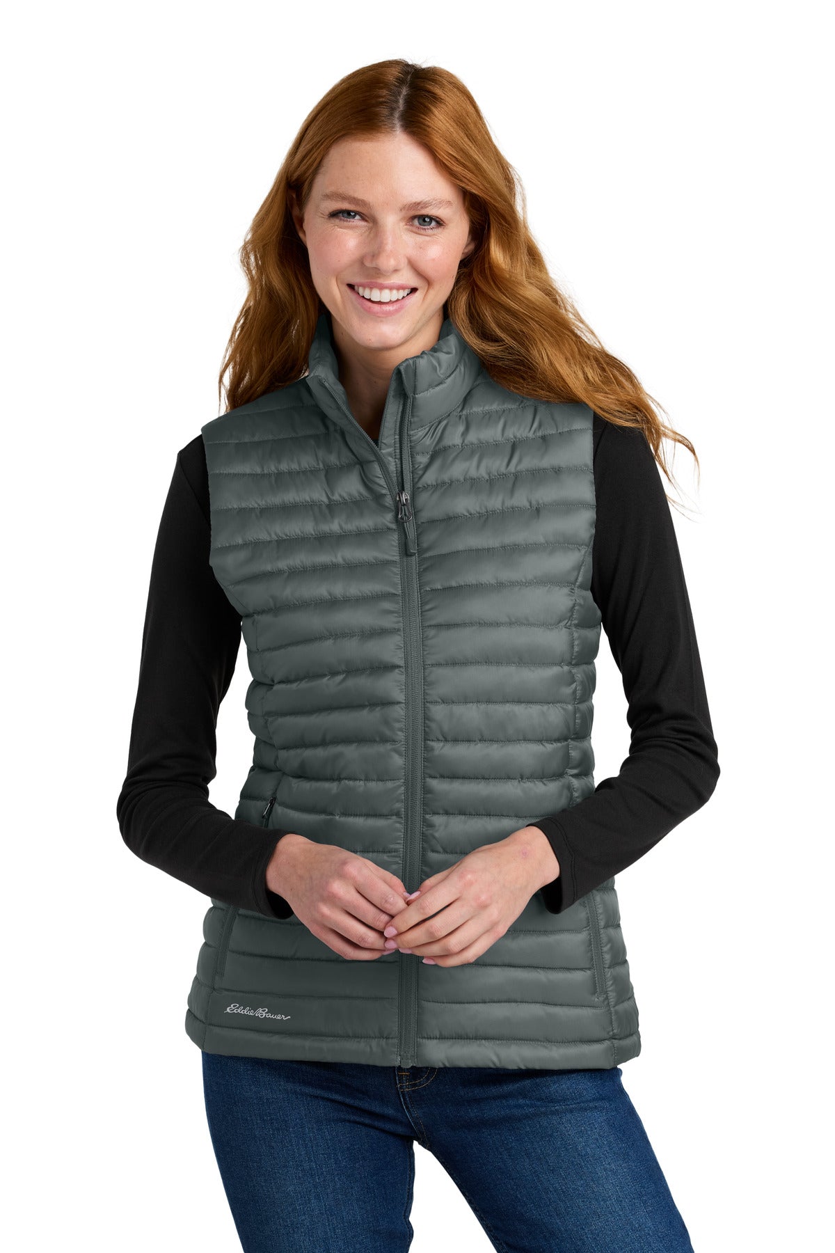Custom Metal Grey Women's Packable Quilted Vest EB517, personalized by SanCanDo Swag in Argyle, TX