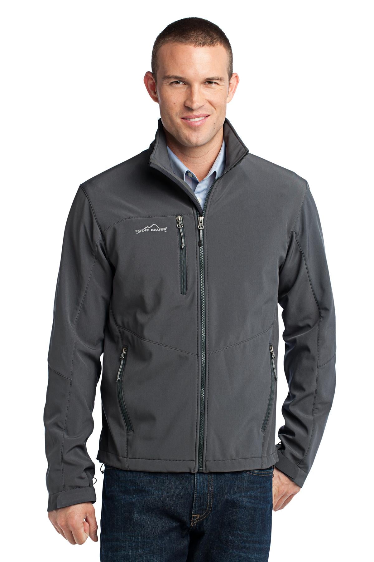 Custom Grey Steel Soft Shell Jacket EB530, personalized by SanCanDo Swag in Argyle, TX
