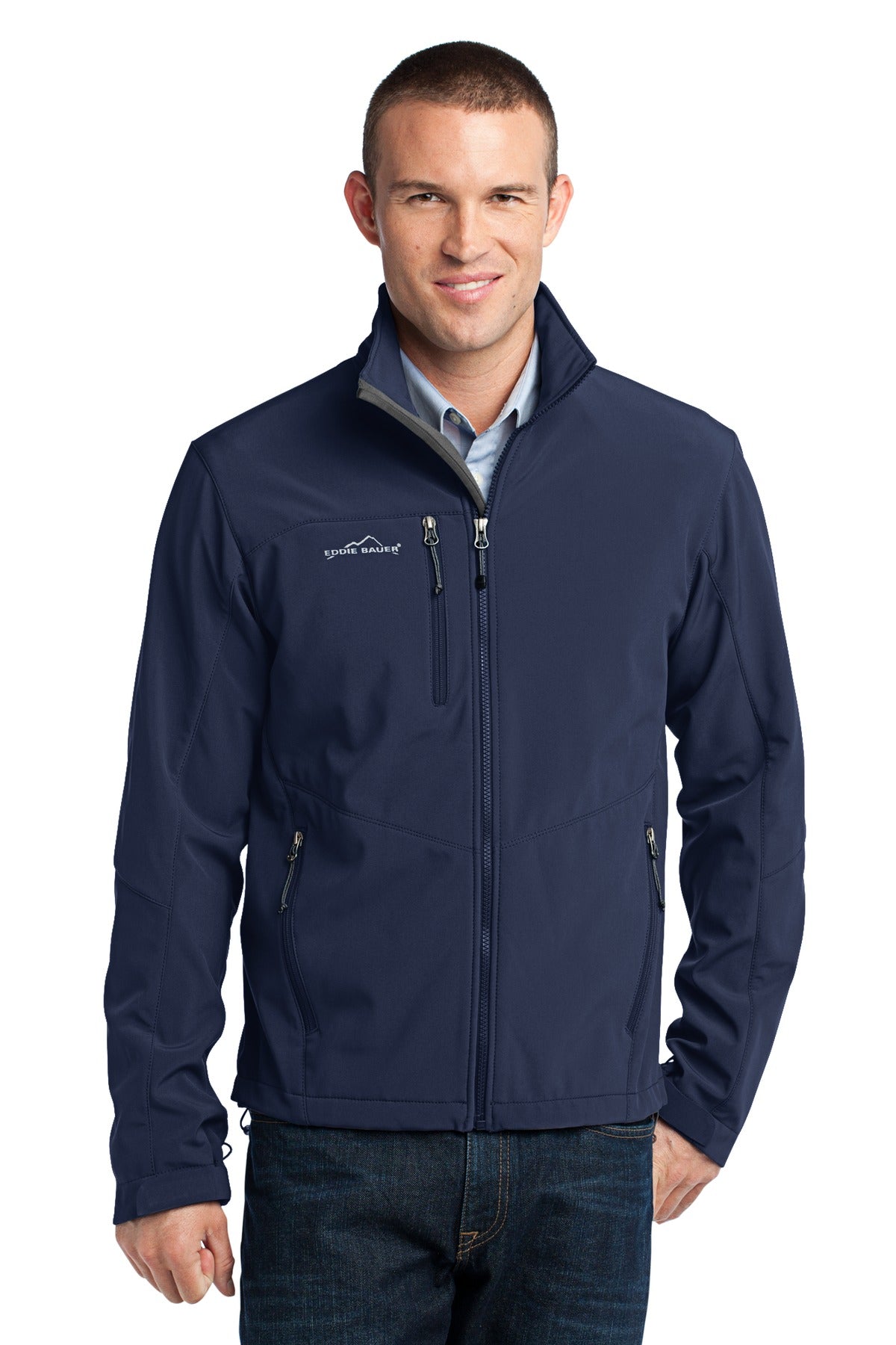 Custom River Blue Navy Soft Shell Jacket EB530, personalized by SanCanDo Swag in Argyle, TX