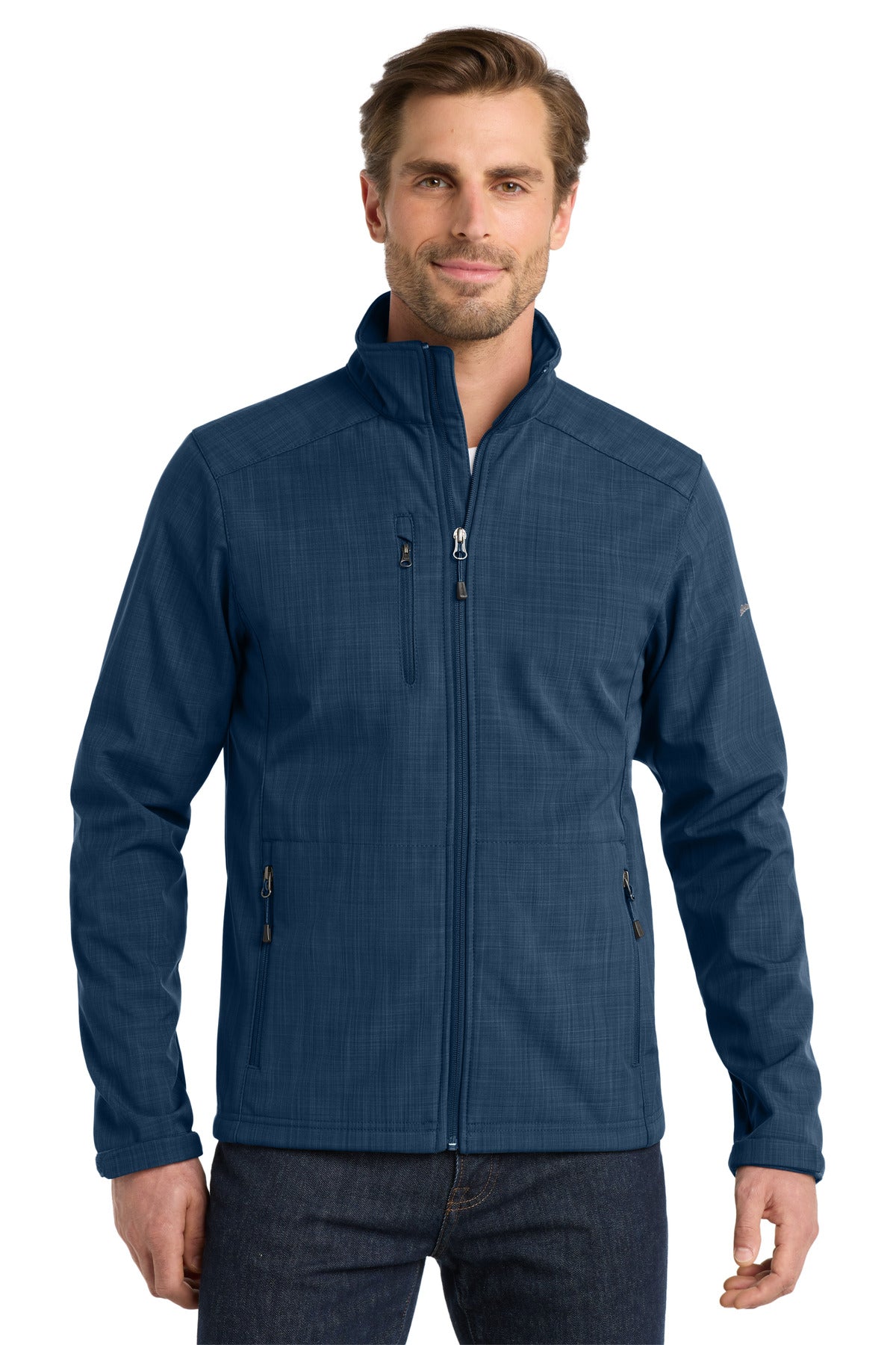 Custom Blue Shaded Crosshatch Soft Shell Jacket EB532, personalized by SanCanDo Swag in Argyle, TX