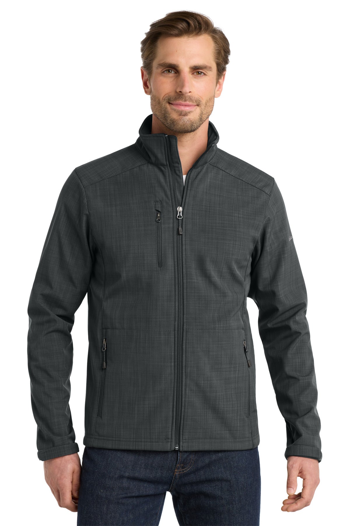 Custom Grey Shaded Crosshatch Soft Shell Jacket EB532, personalized by SanCanDo Swag in Argyle, TX