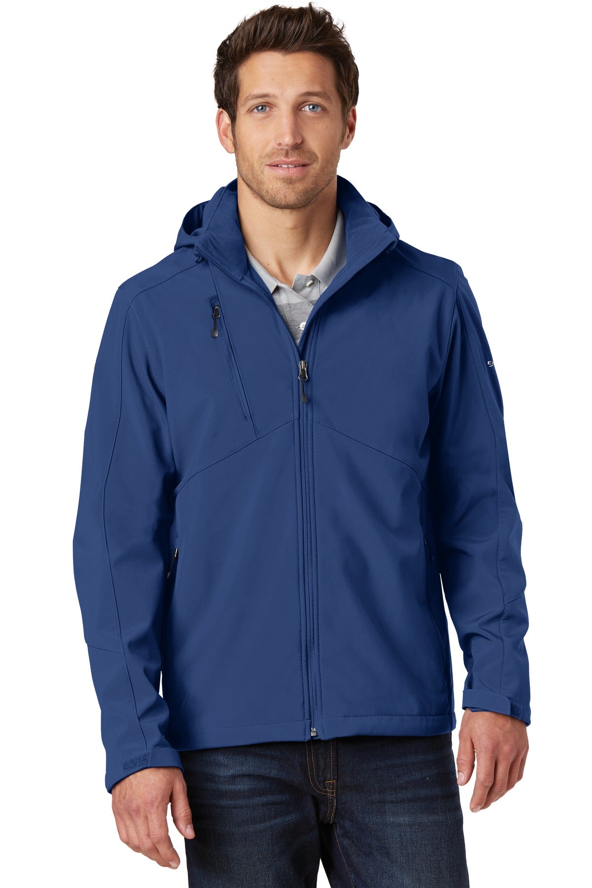 Custom Admiral Blue Hooded Soft Shell Parka EB536, personalized by SanCanDo Swag in Argyle, TX