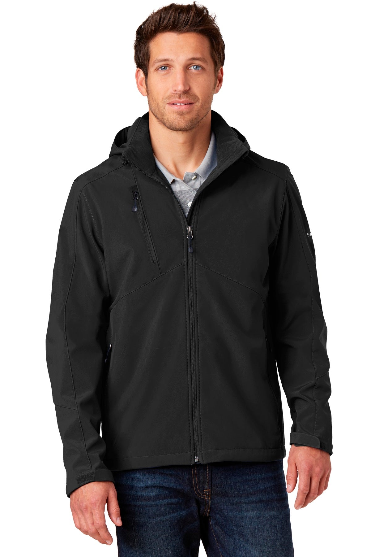 Custom Black Hooded Soft Shell Parka EB536, personalized by SanCanDo Swag in Argyle, TX