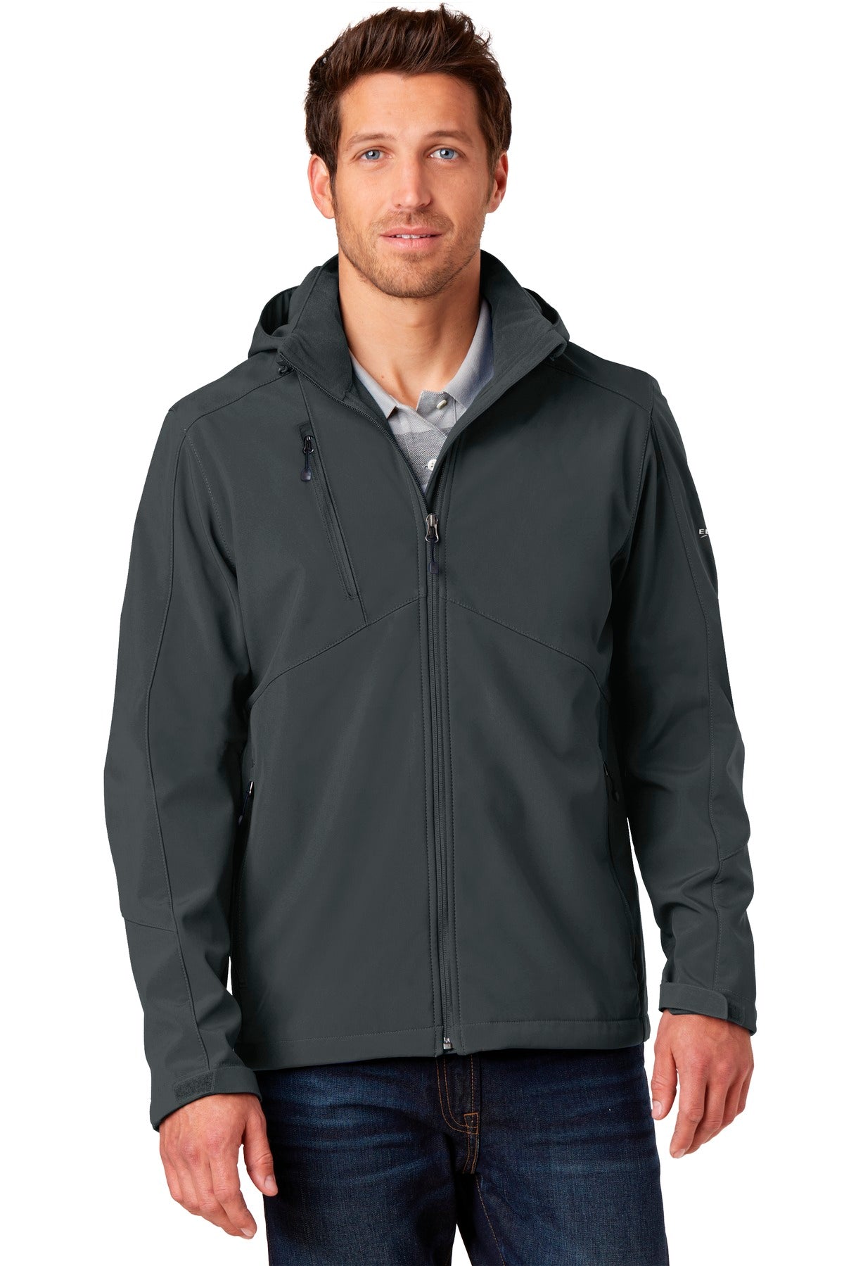 Custom Grey Steel Hooded Soft Shell Parka EB536, personalized by SanCanDo Swag in Argyle, TX