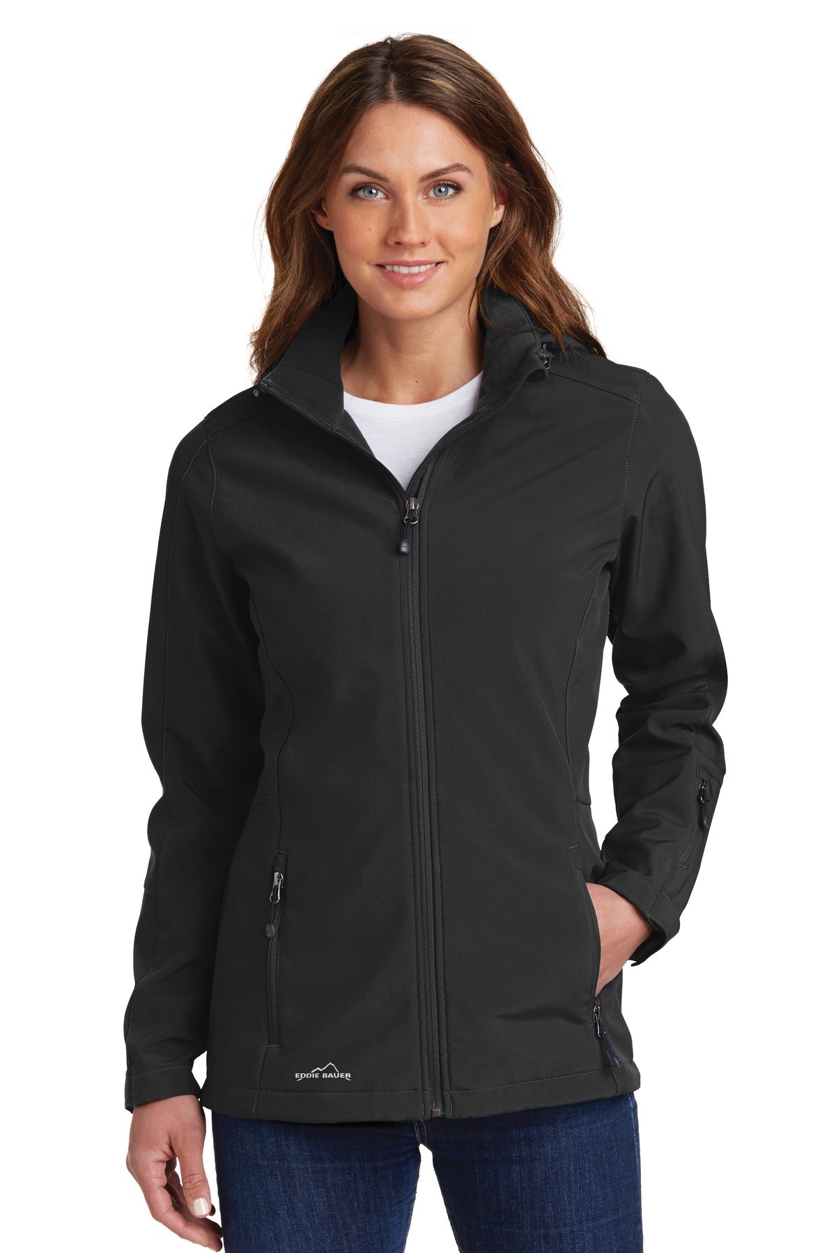 Custom Black Women's Hooded Soft Shell Parka EB537, personalized by SanCanDo Swag in Argyle, TX