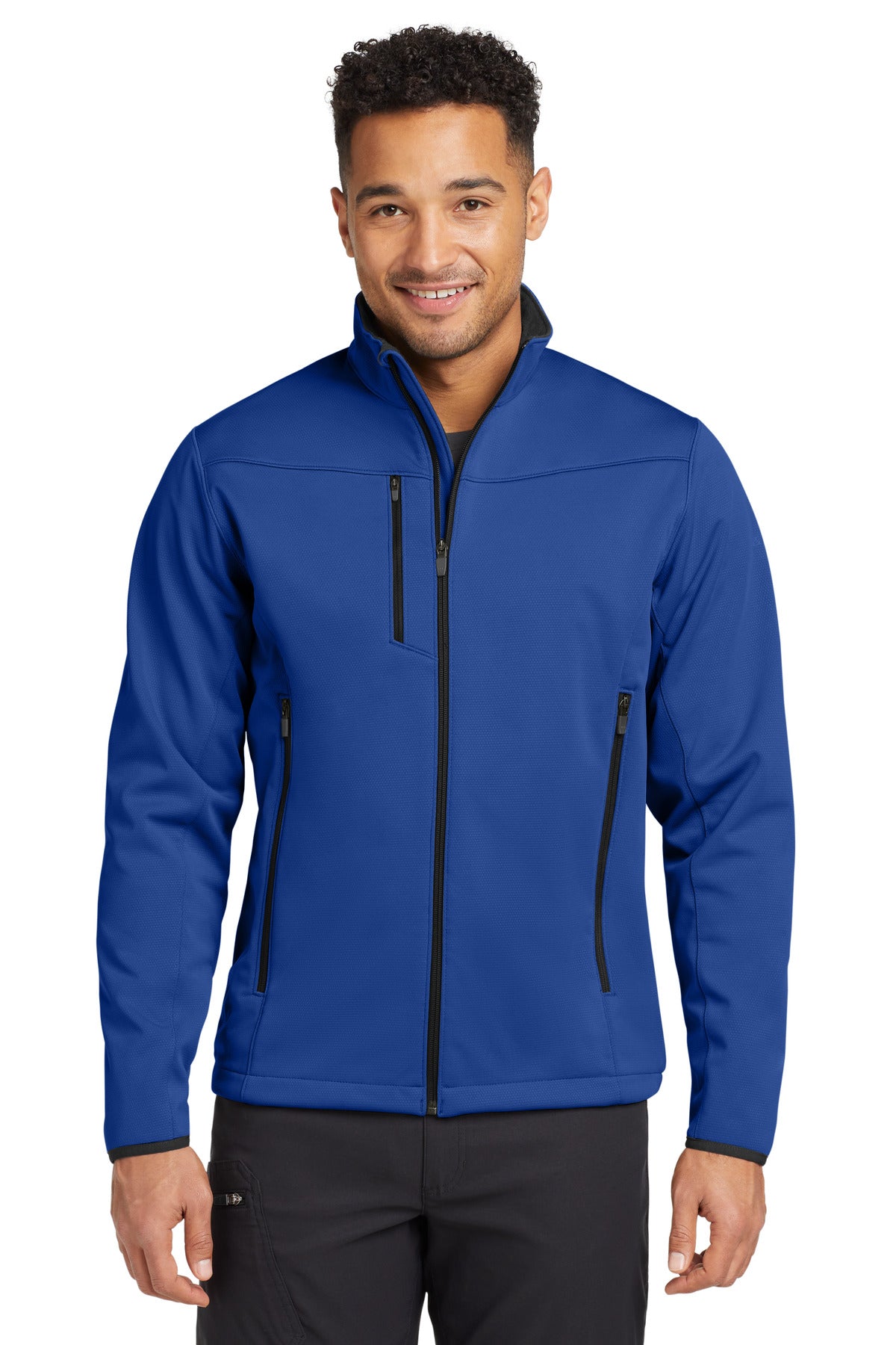 Custom Cobalt Blue Weather-Resist Soft Shell Jacket EB538, personalized by SanCanDo Swag in Argyle, TX
