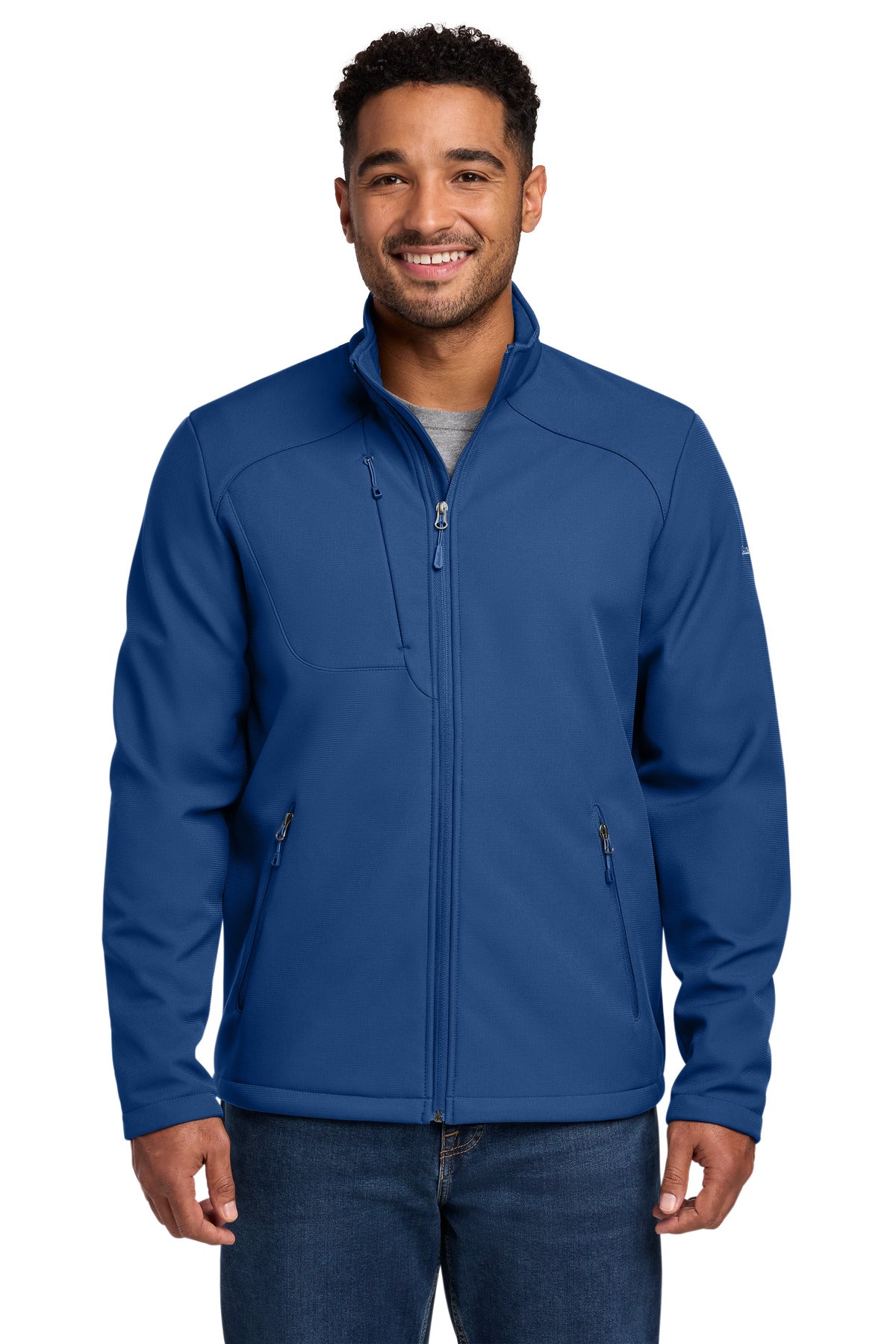 Custom Cobalt Blue Stretch Soft Shell Jacket EB544, personalized by SanCanDo Swag in Argyle, TX