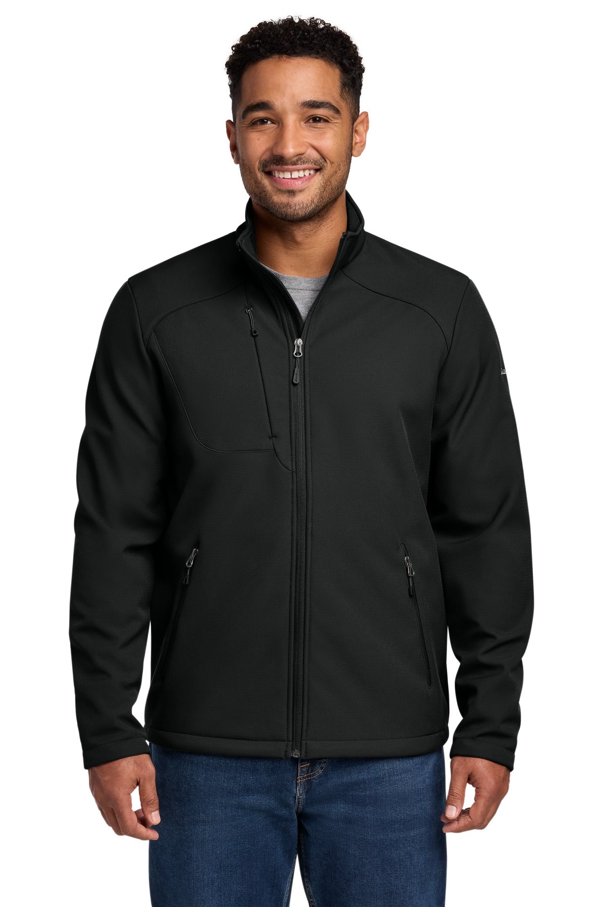 Custom Deep Black Stretch Soft Shell Jacket EB544, personalized by SanCanDo Swag in Argyle, TX