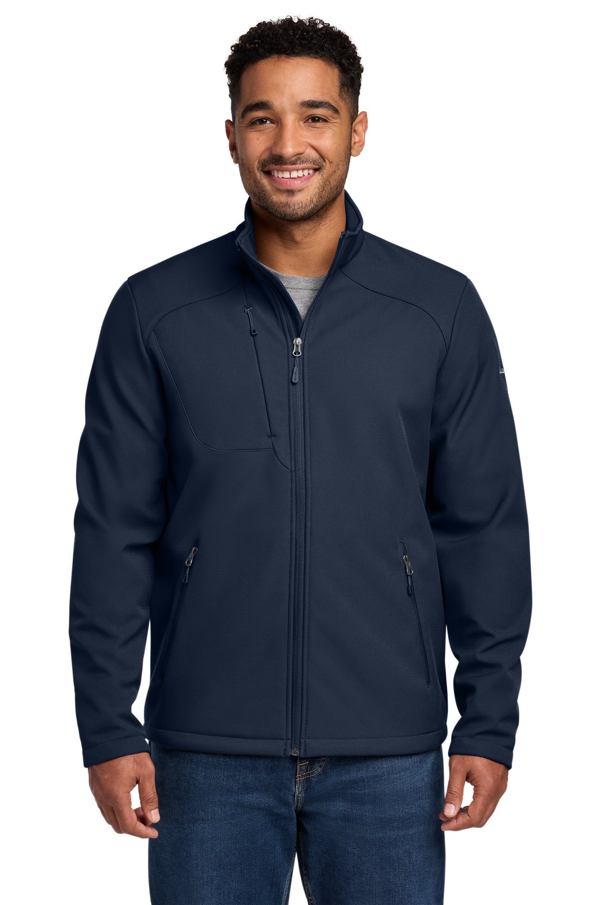 Custom River Blue Navy Stretch Soft Shell Jacket EB544, personalized by SanCanDo Swag in Argyle, TX