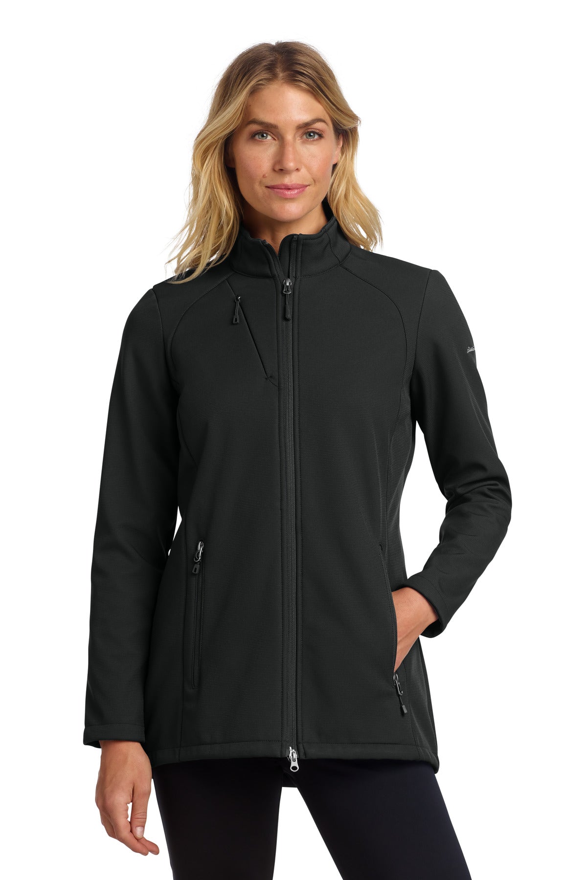 Custom Deep Black Women's Stretch Soft Shell Jacket EB545, personalized by SanCanDo Swag in Argyle, TX