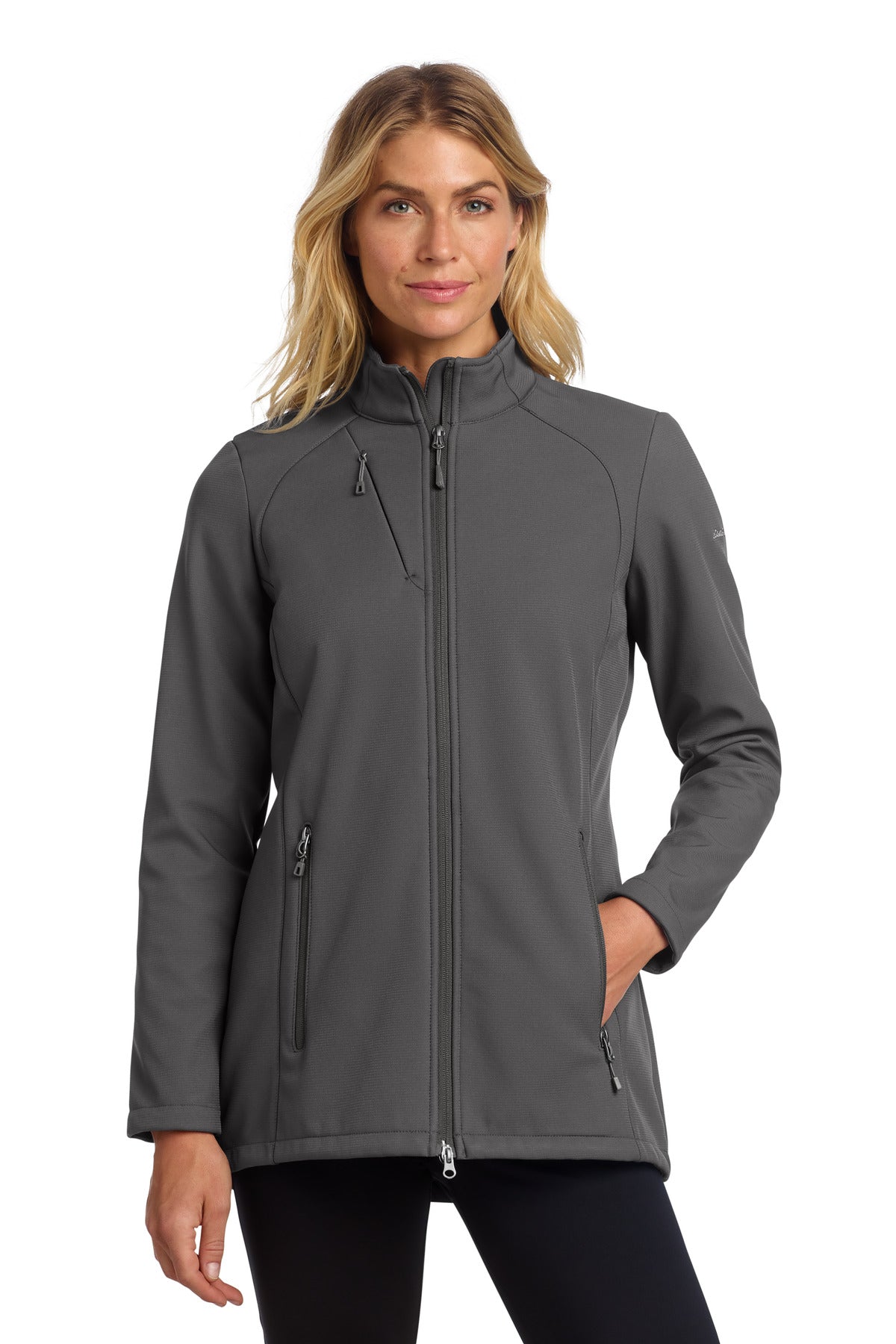 Custom Iron Gate Women's Stretch Soft Shell Jacket EB545, personalized by SanCanDo Swag in Argyle, TX