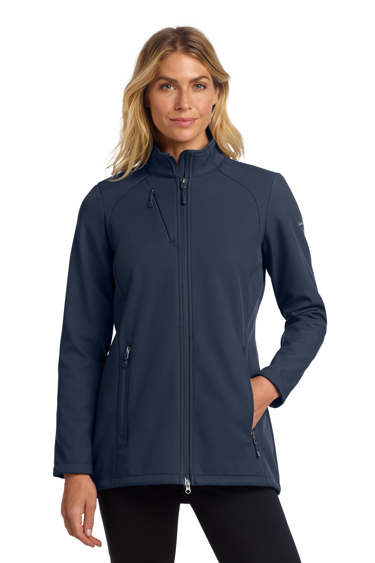 Custom River Blue Navy Women's Stretch Soft Shell Jacket EB545, personalized by SanCanDo Swag in Argyle, TX