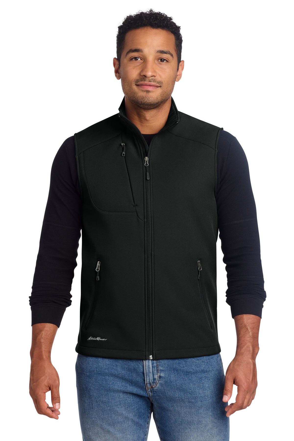 Custom Deep Black Stretch Soft Shell Vest EB546, personalized by SanCanDo Swag in Argyle, TX
