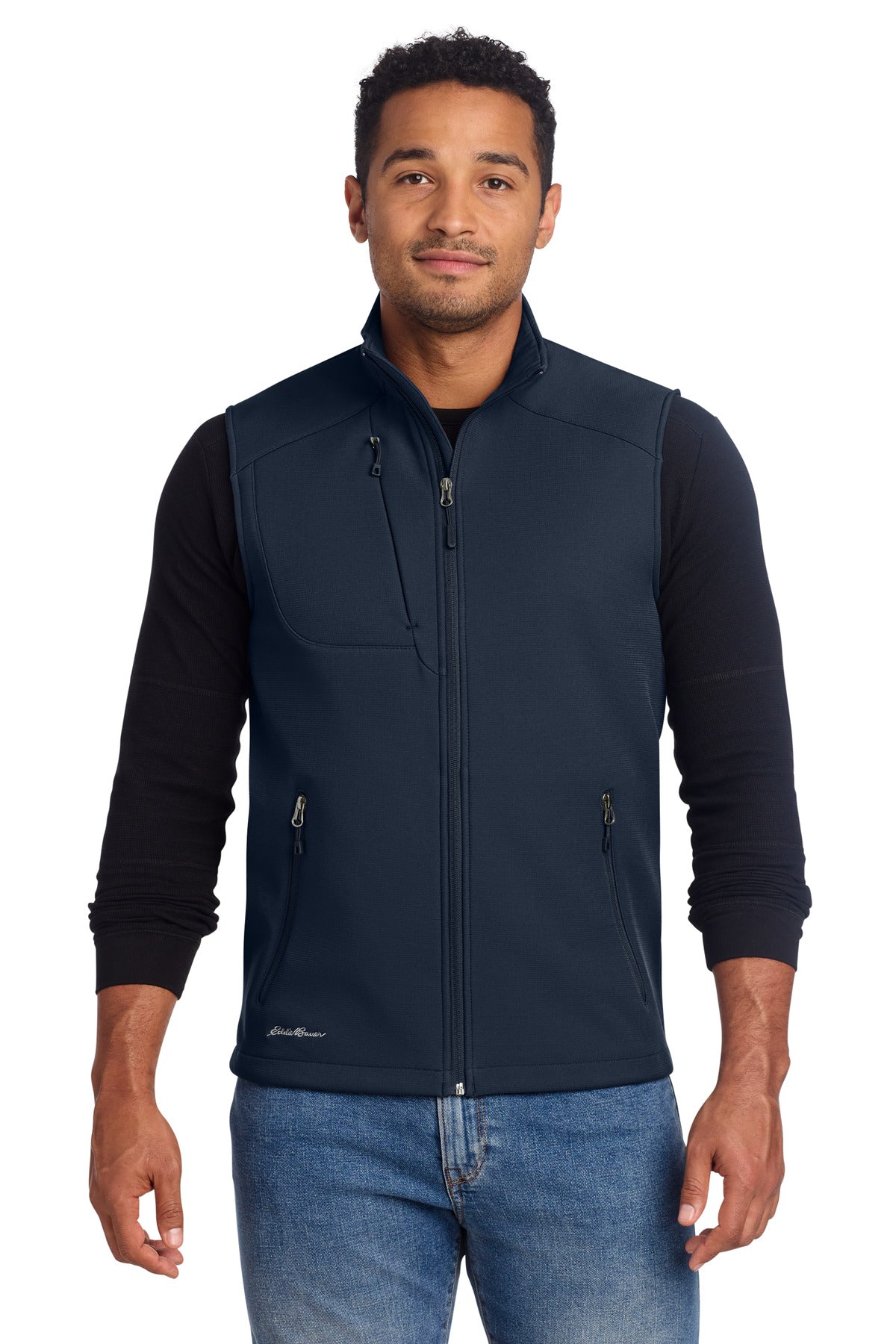 Custom River Blue Navy Stretch Soft Shell Vest EB546, personalized by SanCanDo Swag in Argyle, TX