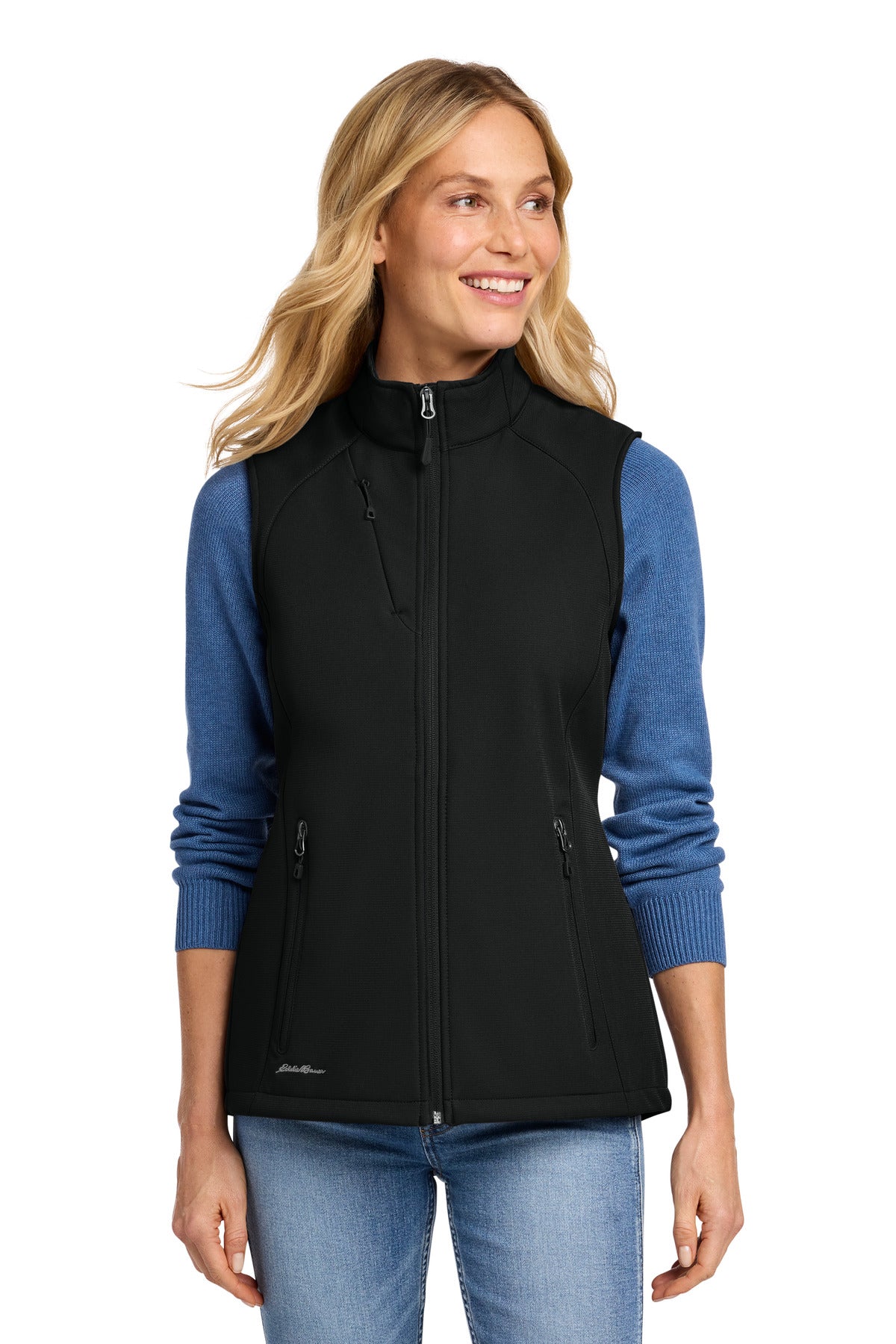 Custom Deep Black Women's Stretch Soft Shell Vest EB547, personalized by SanCanDo Swag in Argyle, TX