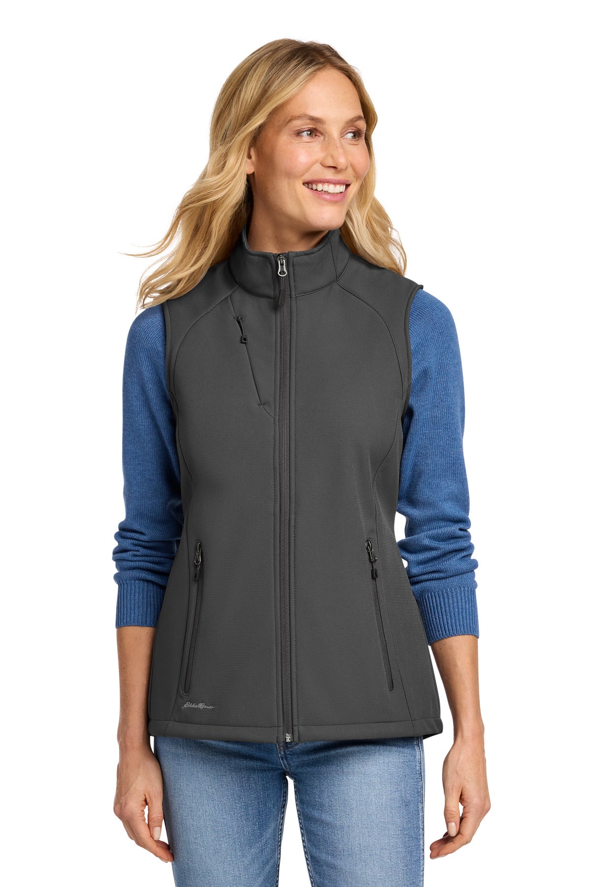 Custom Iron Gate Women's Stretch Soft Shell Vest EB547, personalized by SanCanDo Swag in Argyle, TX