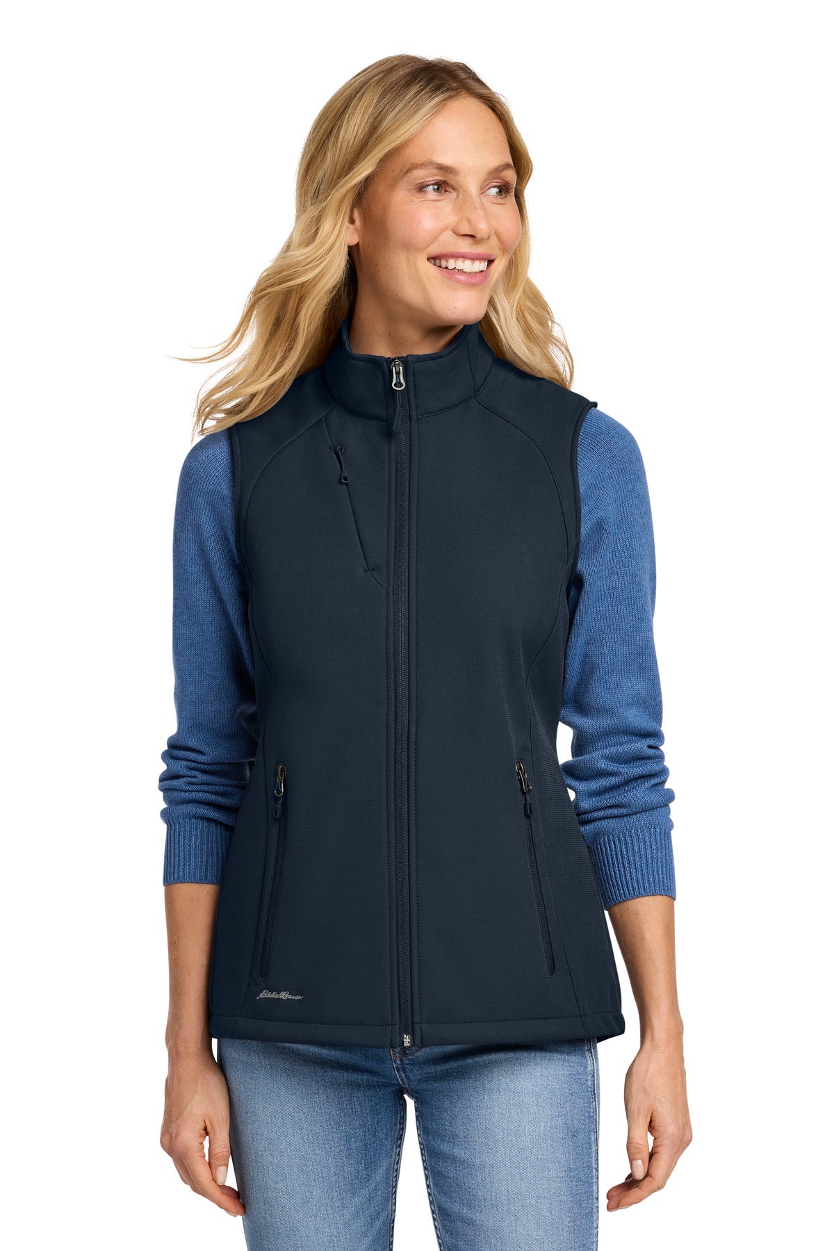 Custom River Blue Navy Women's Stretch Soft Shell Vest EB547, personalized by SanCanDo Swag in Argyle, TX