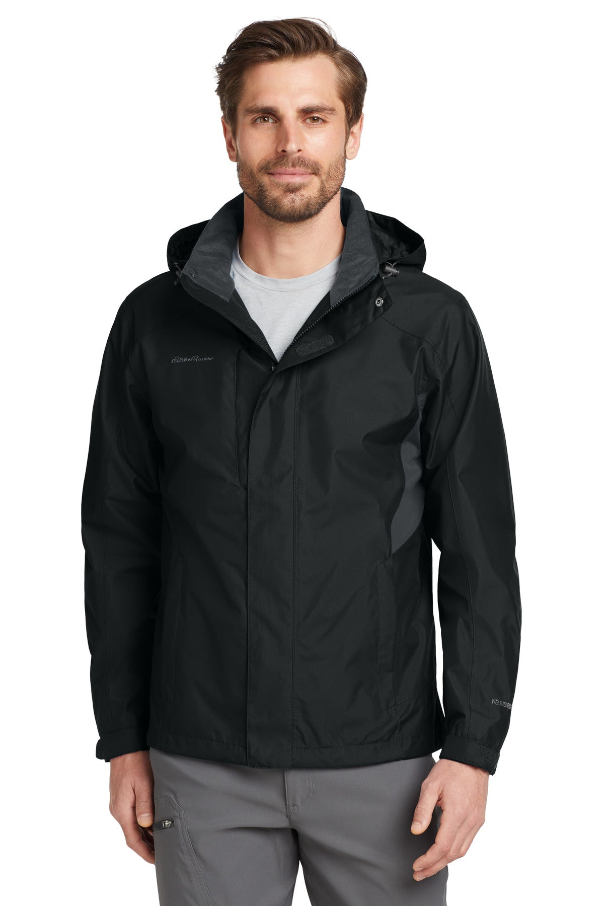 Custom Black/ Steel Grey Rain Jacket EB550, personalized by SanCanDo Swag in Argyle, TX