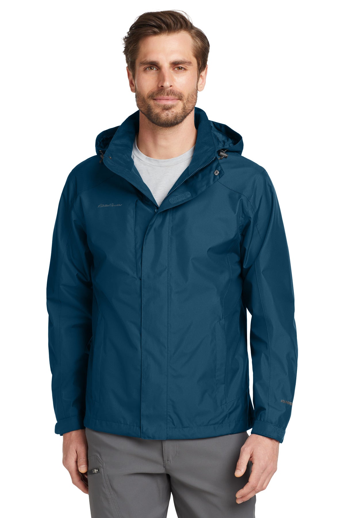 Custom Deep Sea Blue/ Dark Adriatic Rain Jacket EB550, personalized by SanCanDo Swag in Argyle, TX