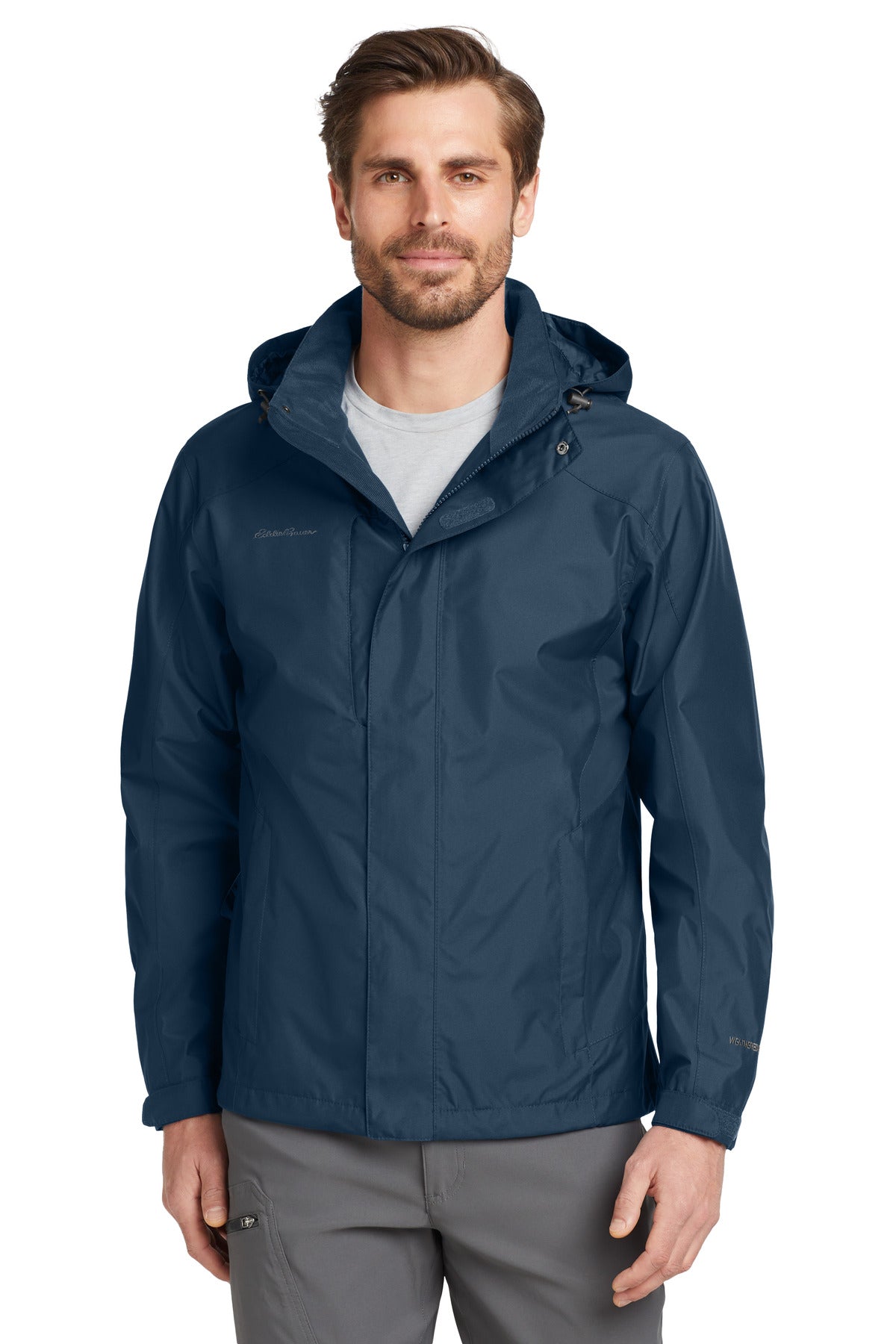 Custom River Blue Navy Rain Jacket EB550, personalized by SanCanDo Swag in Argyle, TX