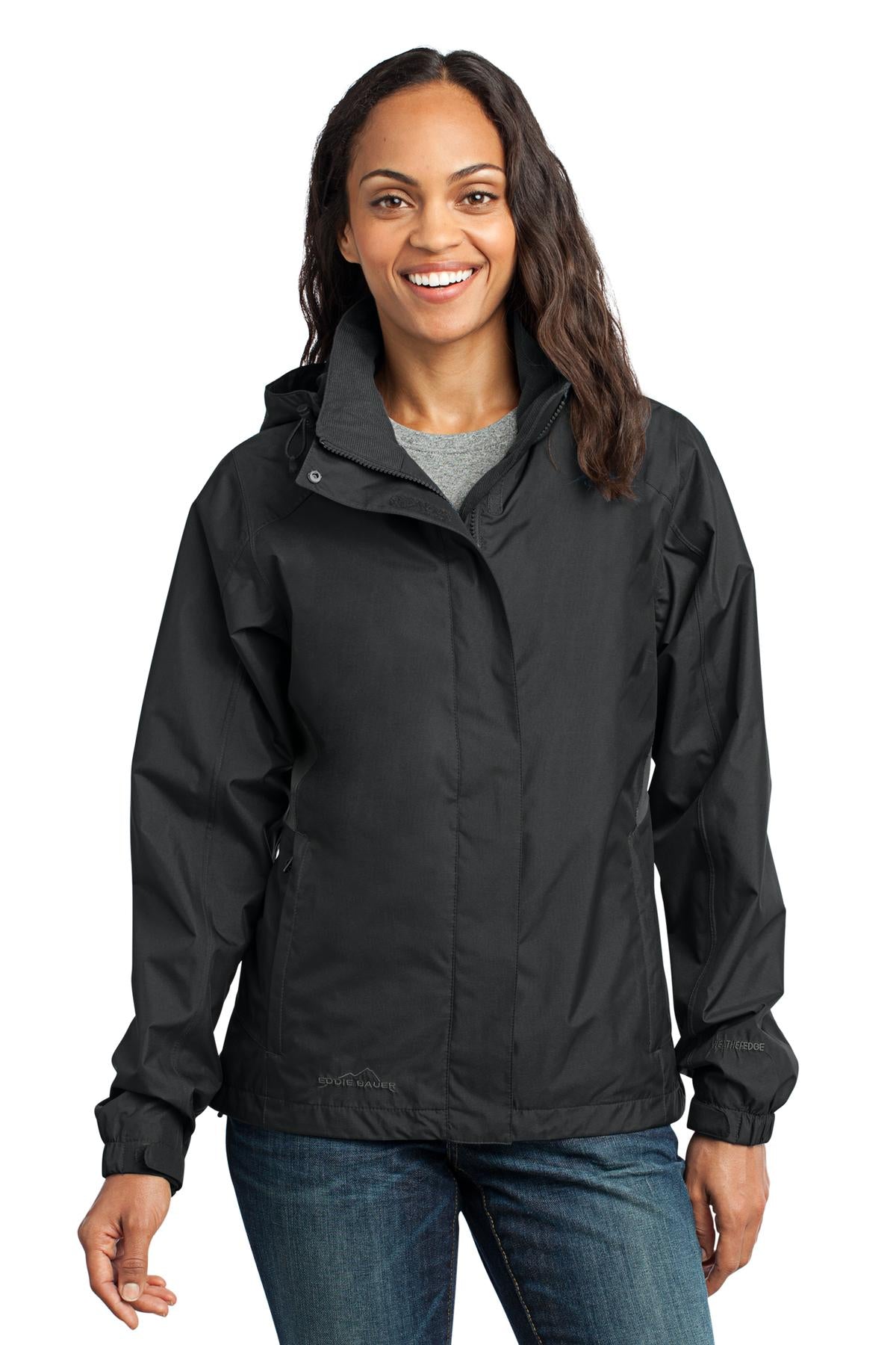 Custom Black/ Steel Grey Women's Rain Jacket EB551, personalized by SanCanDo Swag in Argyle, TX