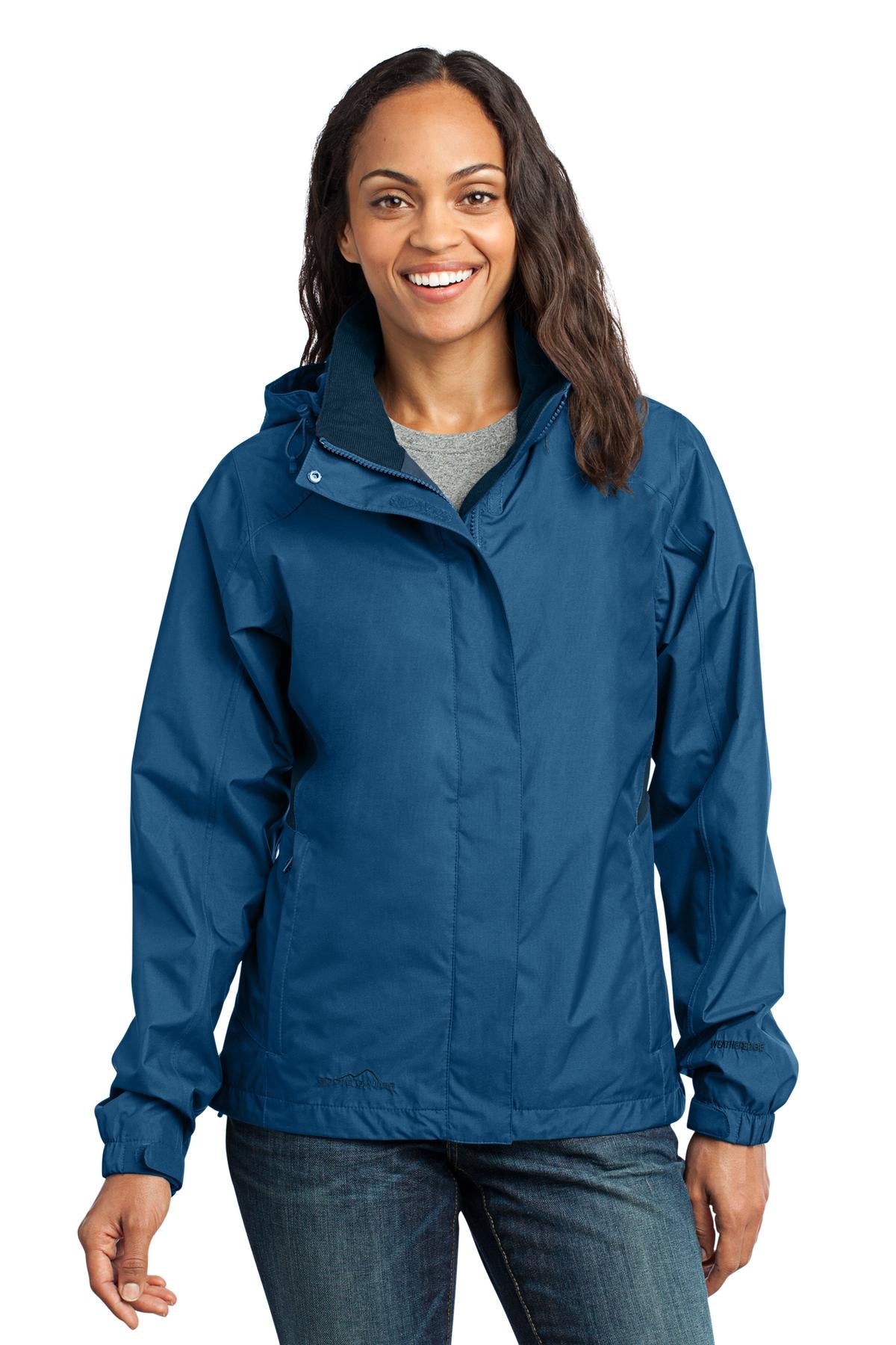 Custom Deep Sea Blue/ Dark Adriatic Women's Rain Jacket EB551, personalized by SanCanDo Swag in Argyle, TX
