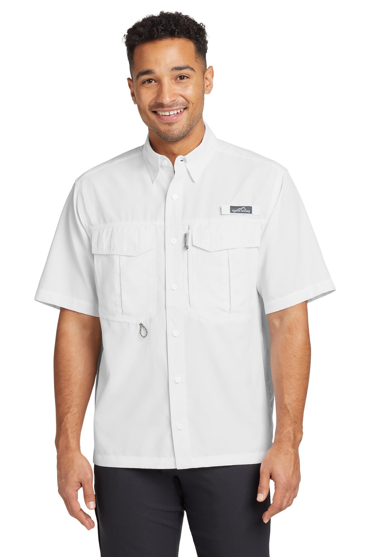 Custom White Short Sleeve Performance Fishing Shirt EB602, personalized by SanCanDo Swag in Argyle, TX