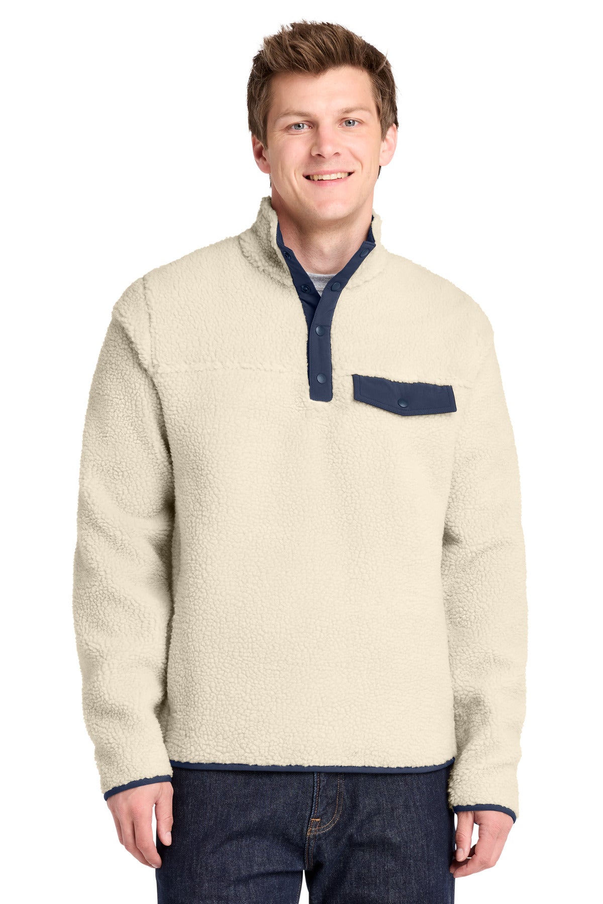 Custom Oat/ Dress Blue Navy Camp Fleece Snap Pullover F140, personalized by SanCanDo Swag in Argyle, TX