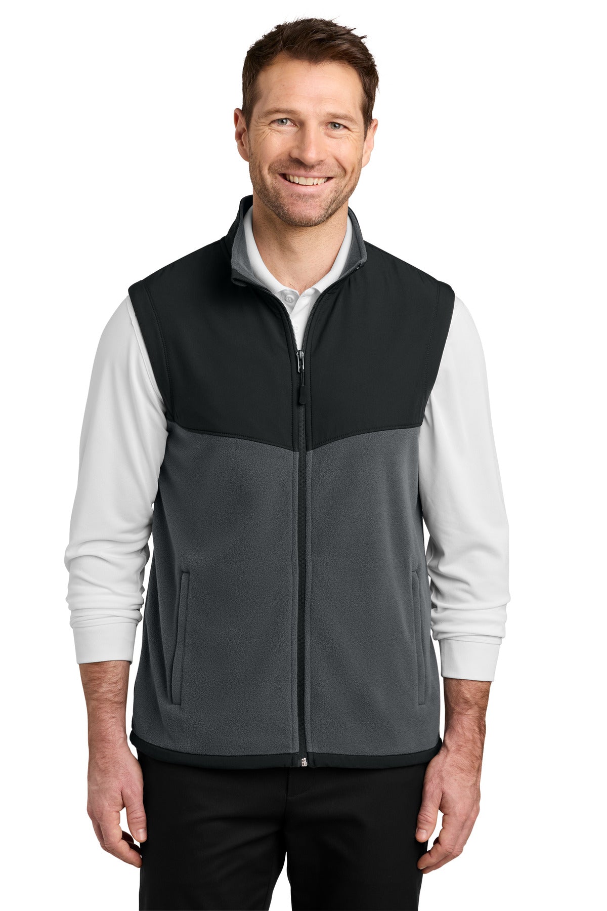 Custom Iron Grey/ Black Therma-Tek Fleece Vest F181, personalized by SanCanDo Swag in Argyle, TX