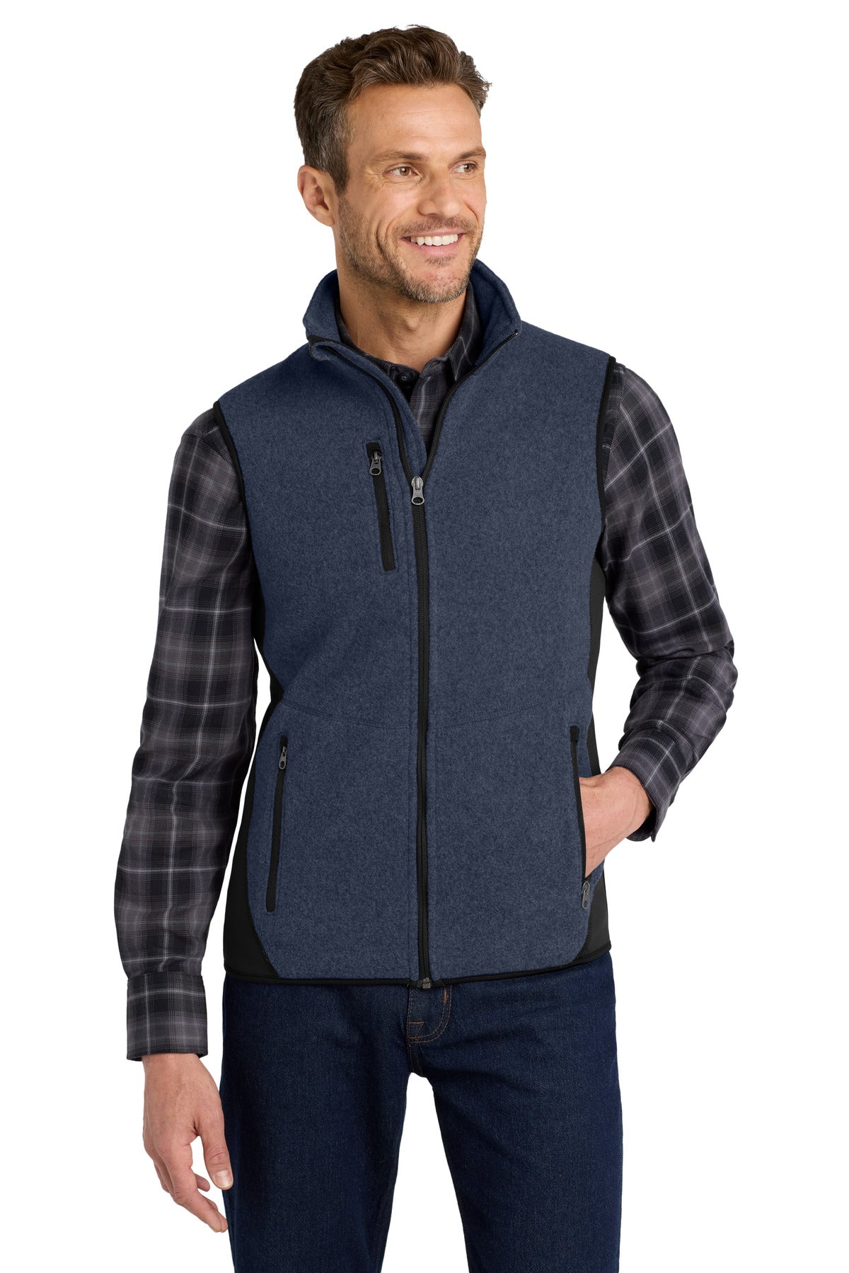 Custom Navy Heather/ Black R-Tek Pro Fleece Full-Zip Vest F228, personalized by SanCanDo Swag in Argyle, TX