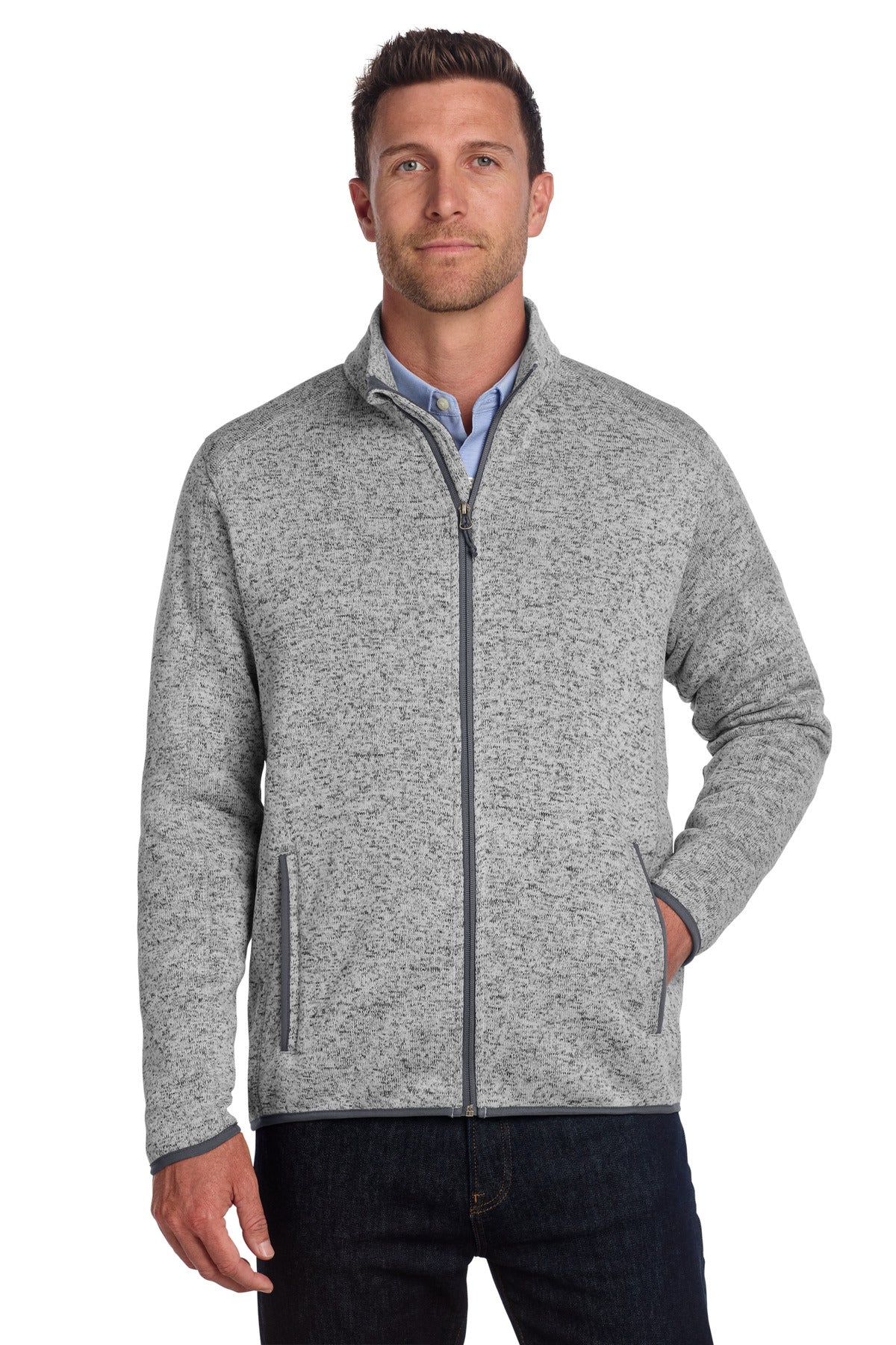 Custom Grey Heather Sweater Fleece Jacket F232, personalized by SanCanDo Swag in Argyle, TX