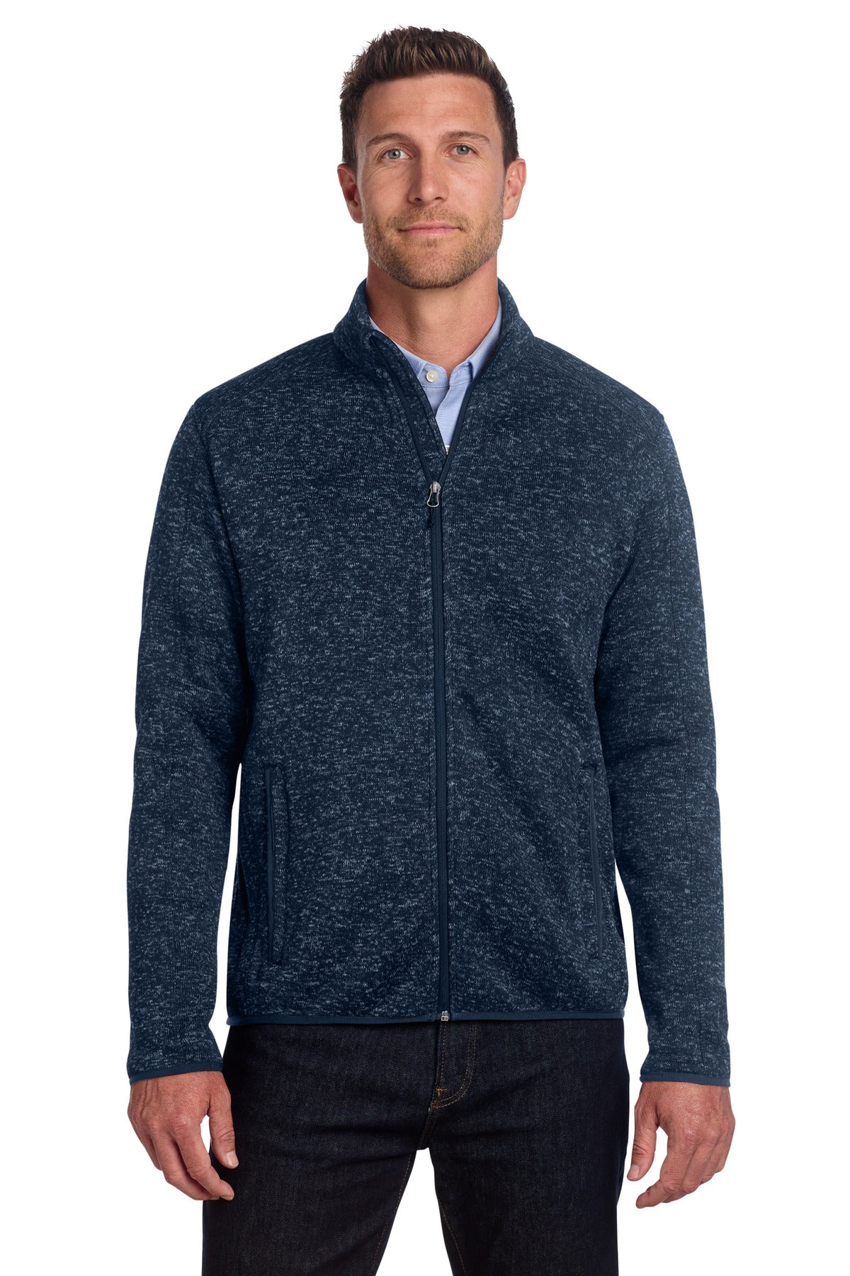 Custom River Blue Navy Heather Sweater Fleece Jacket F232, personalized by SanCanDo Swag in Argyle, TX