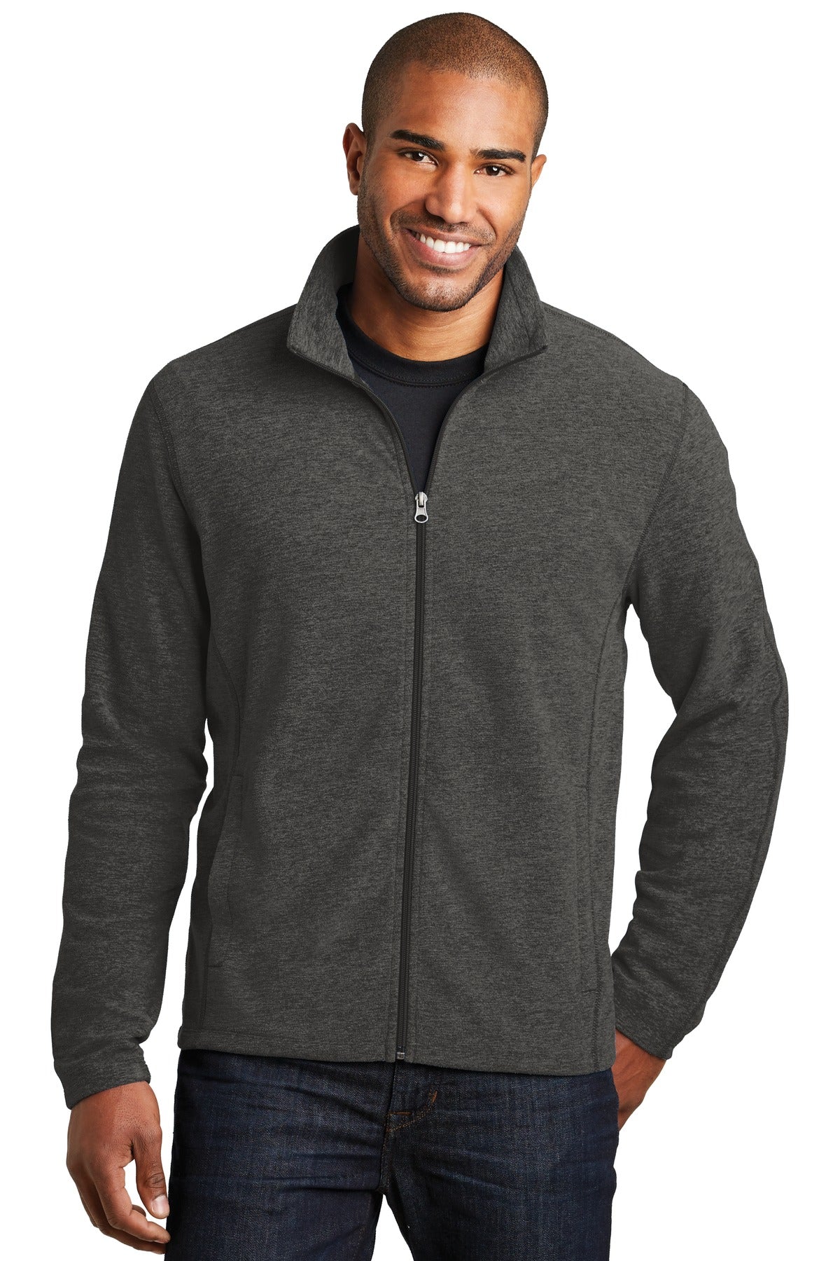 Custom Black Charcoal Heather Heather Microfleece Full-Zip Jacket F235, personalized by SanCanDo Swag in Argyle, TX