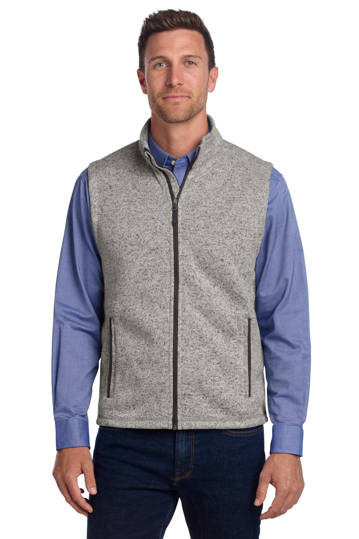 Custom Grey Heather Sweater Fleece Vest F236, personalized by SanCanDo Swag in Argyle, TX