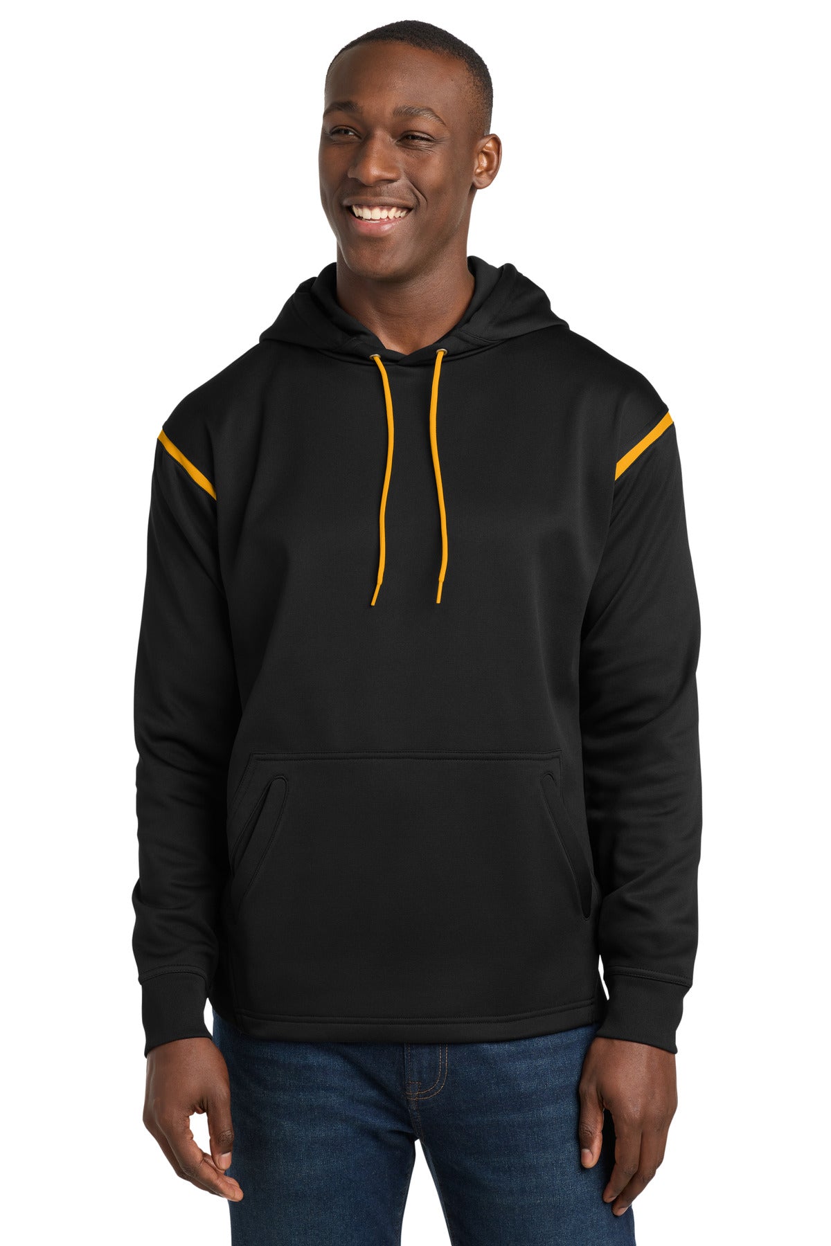 Custom Black/ Gold Tech Fleece Colorblock Hoodie F246, personalized by SanCanDo Swag in Argyle, TX
